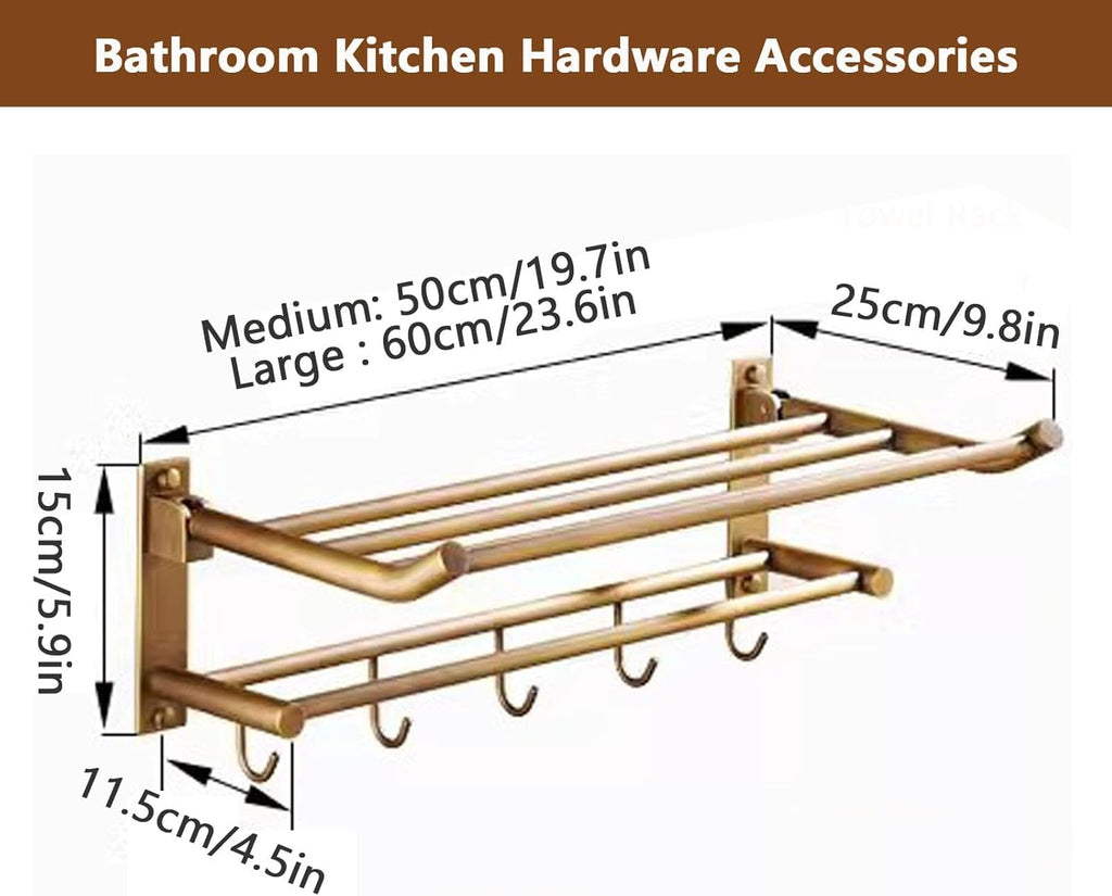 Brass Bathroom Towel Rack - Wall Mounted, Foldable Towel Shelf with Hooks and Bar, Brushed Bronze Finish