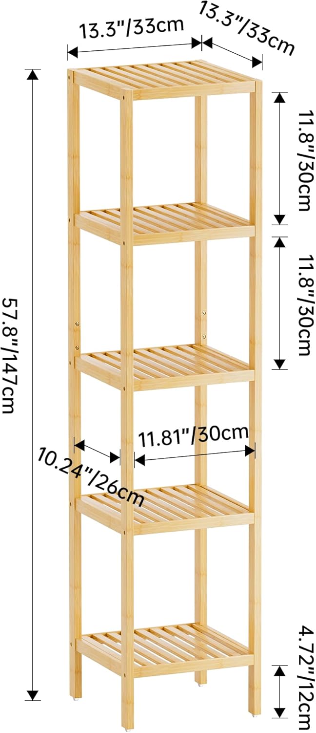 SMIBUY Bathroom Storage Shelf, 5-Tier Bamboo Rack Organizer, Multifunctional Shelving Unit for Living Room Bedroom Kitchen (Natural)
