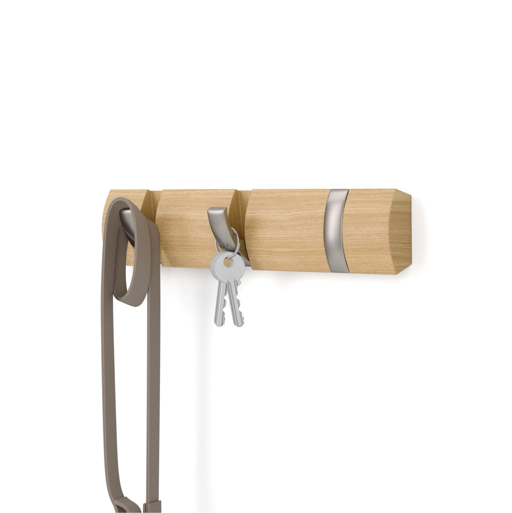 Umbra Flip Wall-Mounted Coat Rack with 5 Hooks – Modern, Space-Saving Storage for Hats, Jackets, Bags, Entryway, Mudroom, Closet, Bathroom, Bedroom – Light Walnut/Gold