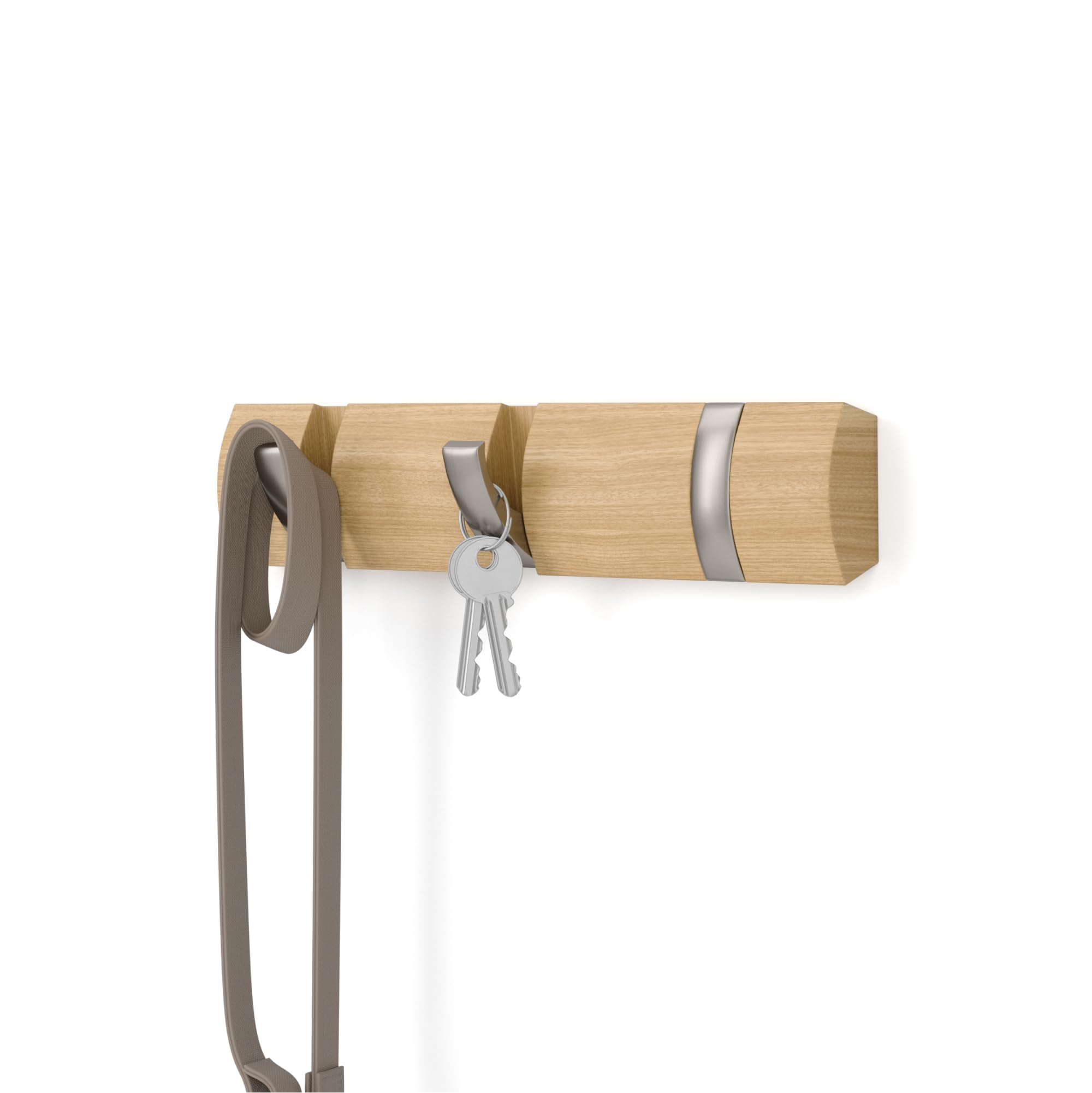 Umbra Flip Wall-Mounted Coat Rack with 5 Hooks – Modern, Space-Saving Storage for Hats, Jackets, Bags, Entryway, Mudroom, Closet, Bathroom, Bedroom – Light Walnut/Gold
