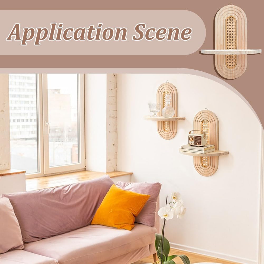 4 Pcs Boho Floating Shelves for Wall Decor, Bohemian Rattan Display Wall Shelf, Wooden Decorative Hanging Shelves for Plant Candle Bedroom Living Room Office Bathroom(Wood Color)