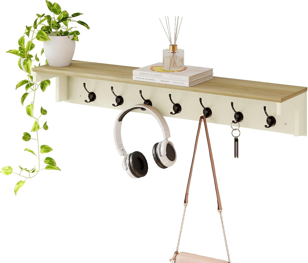 Levede Wall Mounted Coat Rack with Shelf, 7 Double Coat Hooks, 80cm Hallway Coat Hooks Wall Mounted, Coat Rack with Shelf for Entryway, Hallway, Bedroom, Cream Color & Oak
