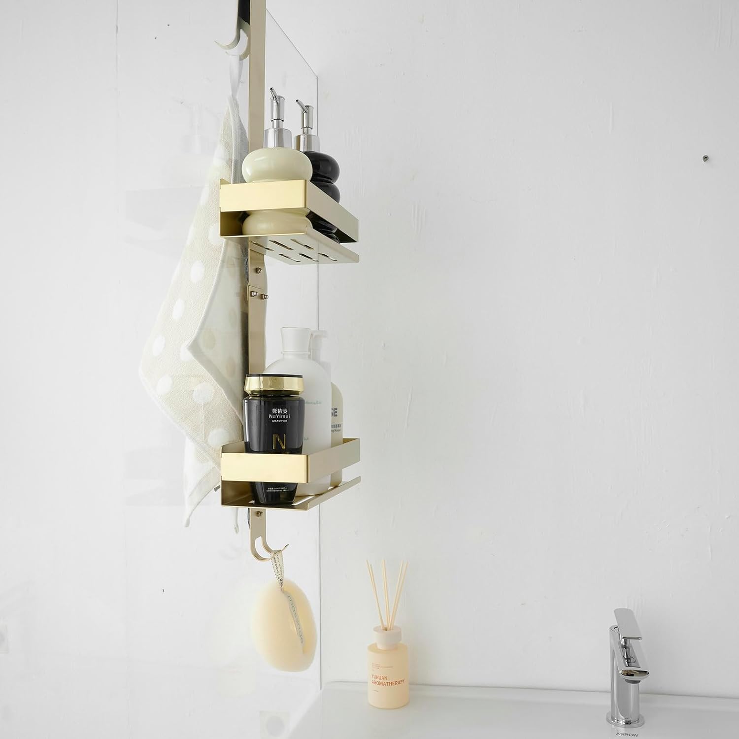 Hanging Over Door Shower Caddy - No Drilling Organiser Stainless Steel Shelves With Hooks - Gold Bathroom Rack Basket Tidy Storage