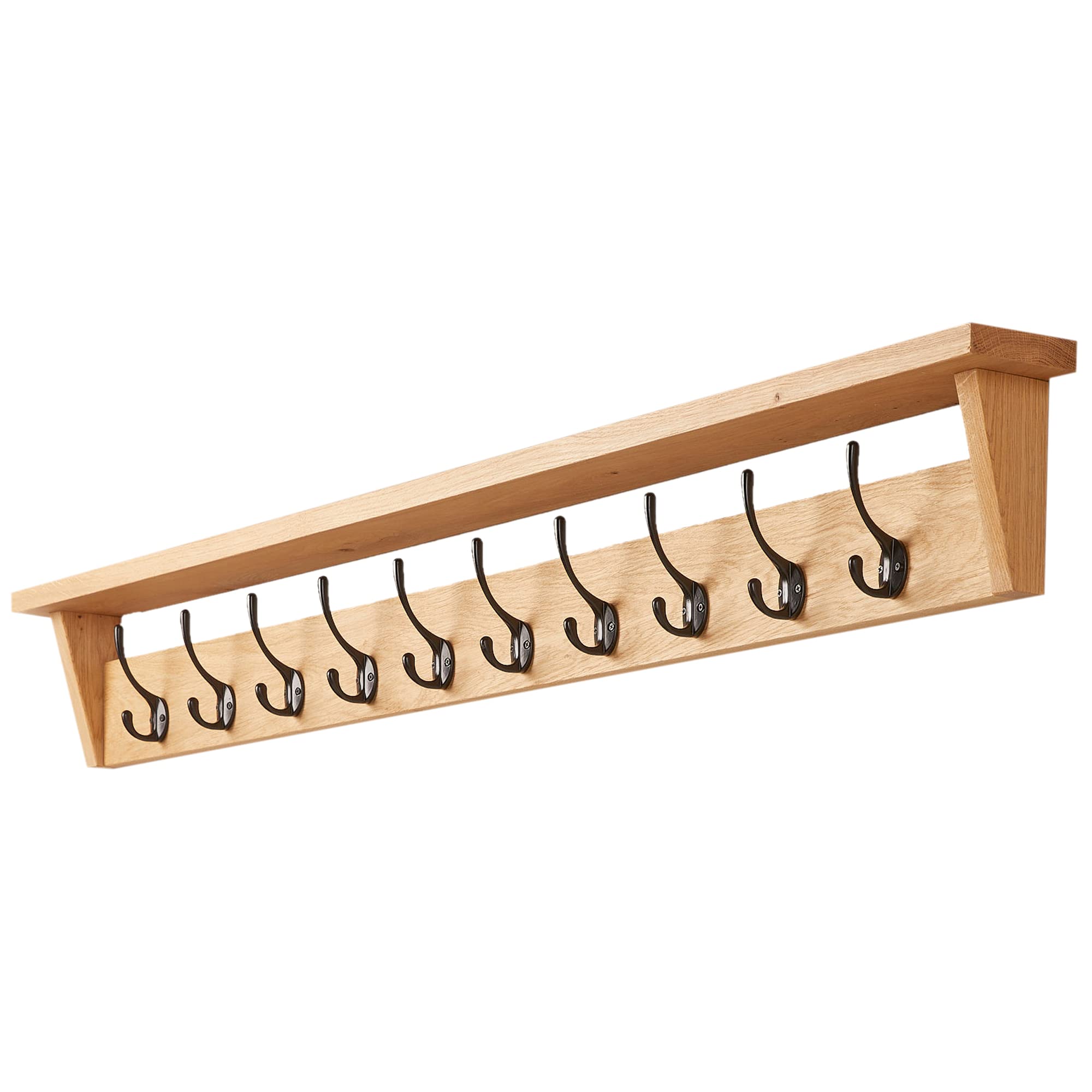Solid Oak Coat Rack (7 Hooks) | Wall Mounted Coat Hooks with Shelf for Display/Storage | Wooden Stylish & Versatile Hallway Decor | Heavy Duty Double Hooks | Handcrafted in The UK