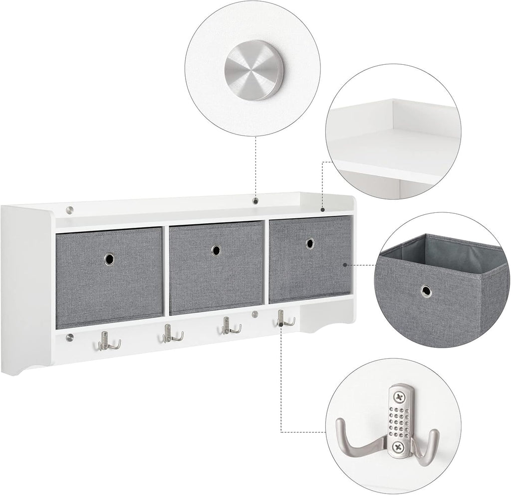 Mondeer Coat Rack with Shelf, Storage Unit Wall Mounted with 3 Baskets 5 Hooks Wooden Modern Style for Hallway Entryway Living Room, W98 x H40 x D22 cm, White