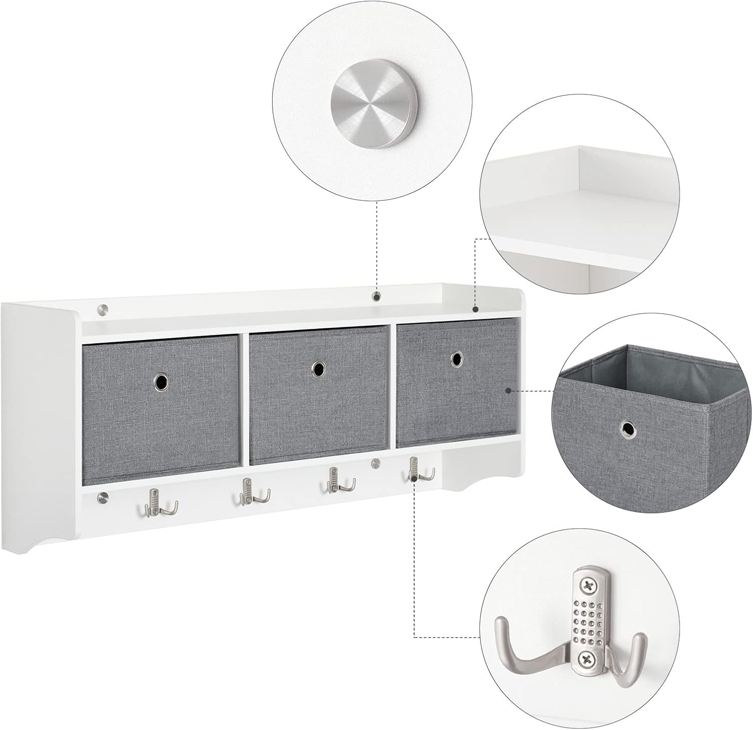 Mondeer Coat Rack with Shelf, Storage Unit Wall Mounted with 3 Baskets 5 Hooks Wooden Modern Style for Hallway Entryway Living Room, W98 x H40 x D22 cm, White