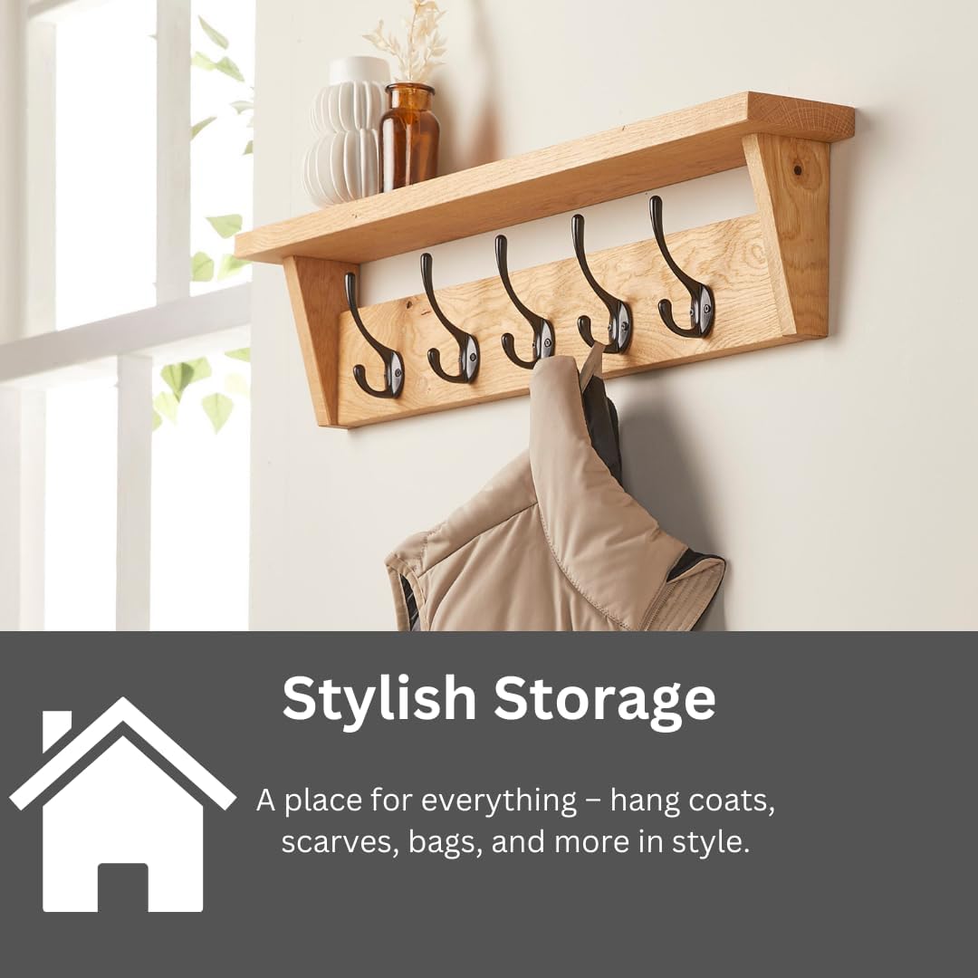 Solid Oak Coat Rack (7 Hooks) | Wall Mounted Coat Hooks with Shelf for Display/Storage | Wooden Stylish & Versatile Hallway Decor | Heavy Duty Double Hooks | Handcrafted in The UK