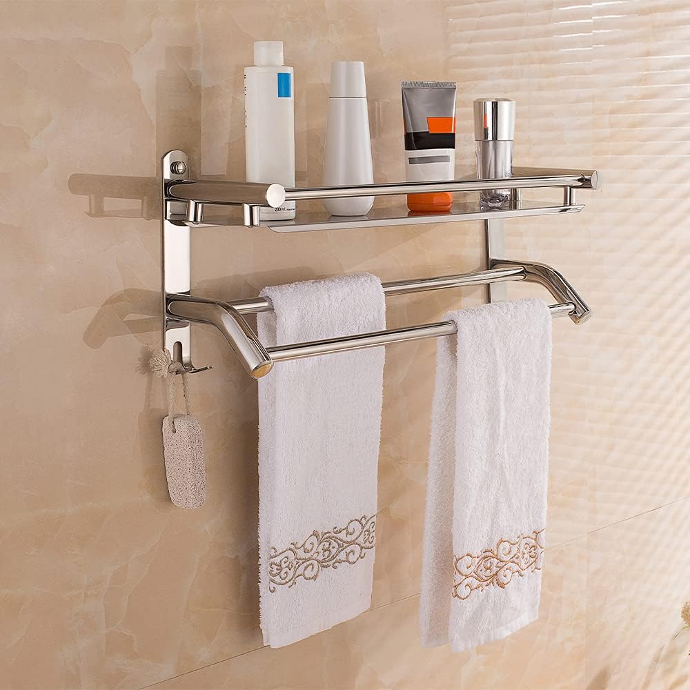 Towel Shelf Multi-Function Towel Rack with Storage Shelf SUS304 Stainless Steel Towel Holder Wall Mounted Bath Towel Rail Bar for Bathroom Kitchen
