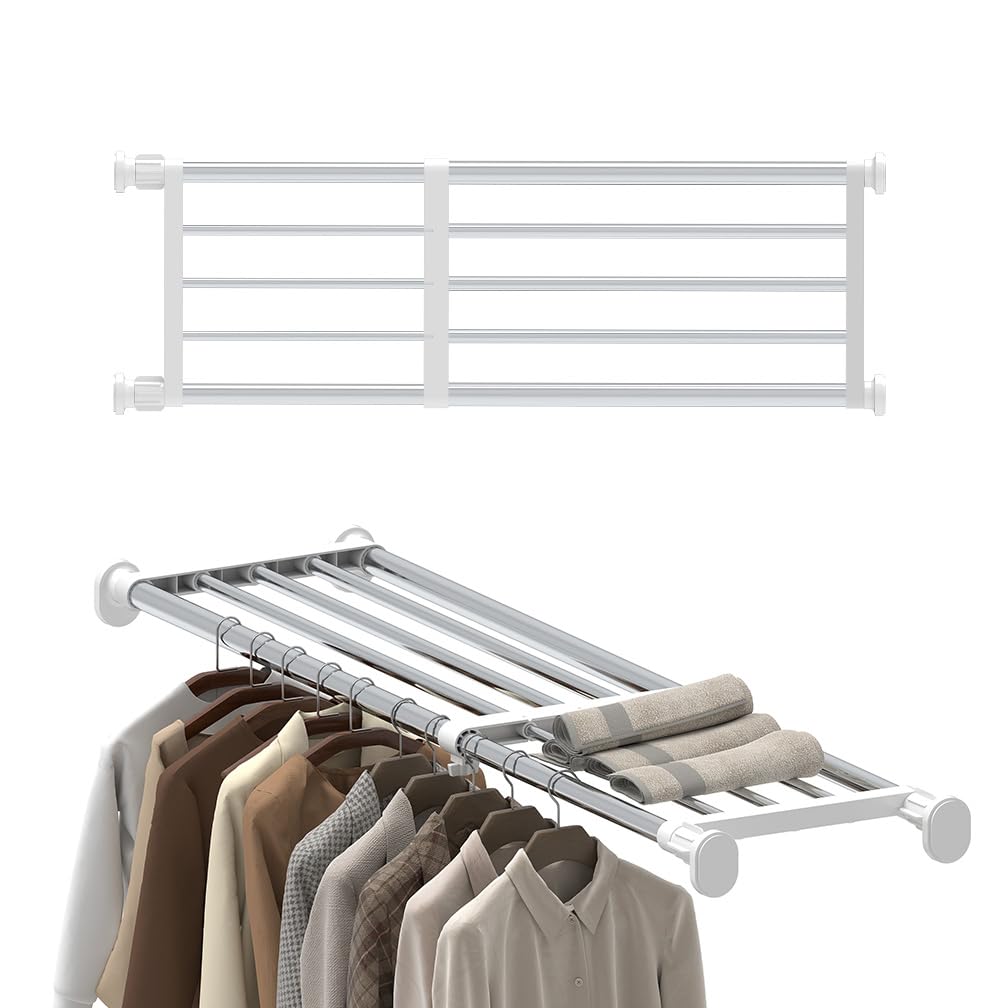 Hershii Adjustable Wardrobe Tension Shelf Divider Heavy Duty Expandable Clothes Hanging Rail Extra Long Cupboard Closet Organizer Garment Storage Rack for Bathroom, Kitchen, Plant Stand, Bookshelf