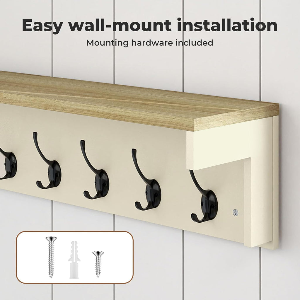 Levede Wall Mounted Coat Rack with Shelf, 7 Double Coat Hooks, 80cm Hallway Coat Hooks Wall Mounted, Coat Rack with Shelf for Entryway, Hallway, Bedroom, Cream Color & Oak