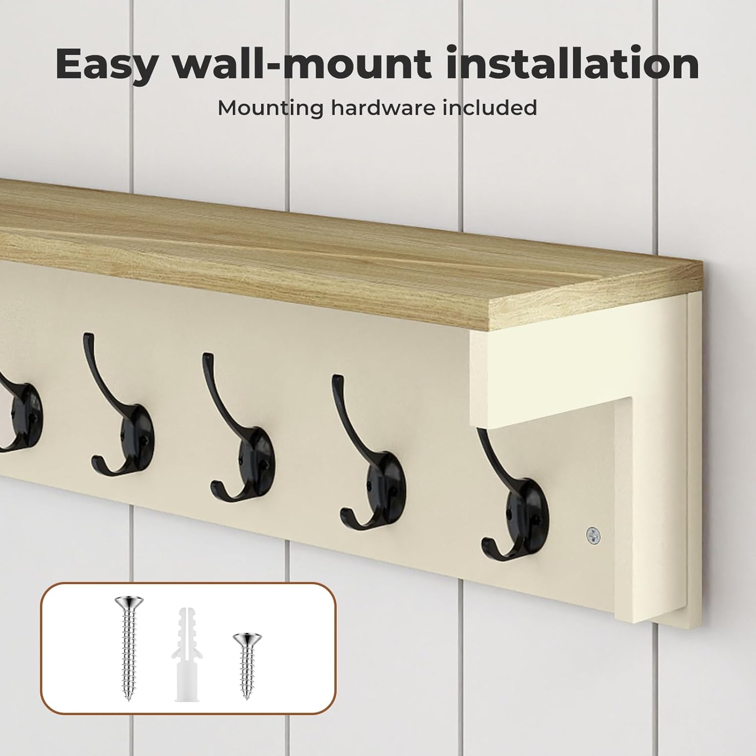 Levede Wall Mounted Coat Rack with Shelf, 7 Double Coat Hooks, 80cm Hallway Coat Hooks Wall Mounted, Coat Rack with Shelf for Entryway, Hallway, Bedroom, Cream Color & Oak