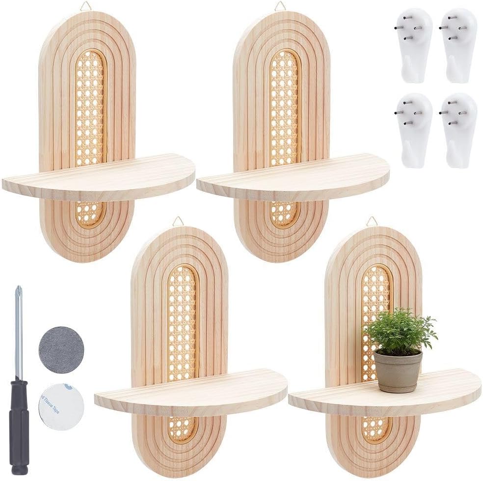 4 Pcs Boho Floating Shelves for Wall Decor, Bohemian Rattan Display Wall Shelf, Wooden Decorative Hanging Shelves for Plant Candle Bedroom Living Room Office Bathroom(Wood Color)