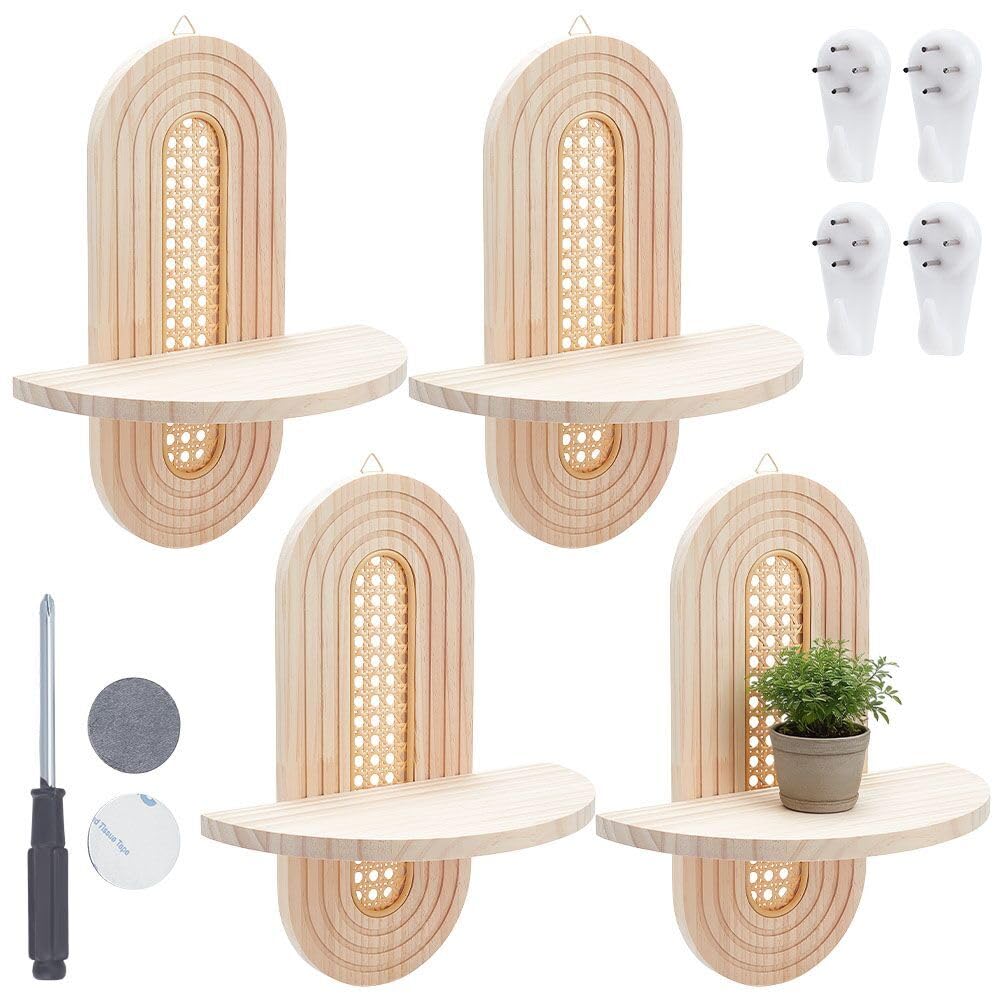 4 Pcs Boho Floating Shelves for Wall Decor, Bohemian Rattan Display Wall Shelf, Wooden Decorative Hanging Shelves for Plant Candle Bedroom Living Room Office Bathroom(Wood Color)