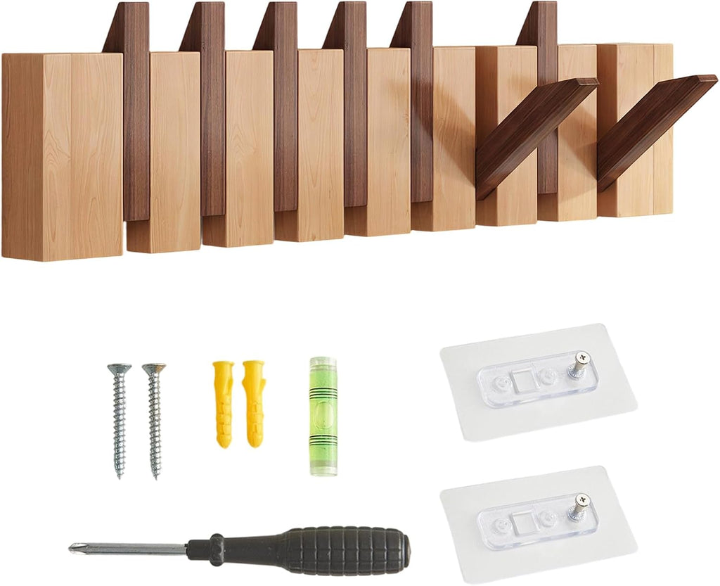 Coat Hooks Wall Mounted, 8-Hook Wooden Coat Hanger Storage Rack with Piano Key Flip Down Design for Robes Towels Hats Jacket Clothes Bags, 56 * 3.5 * 12cm