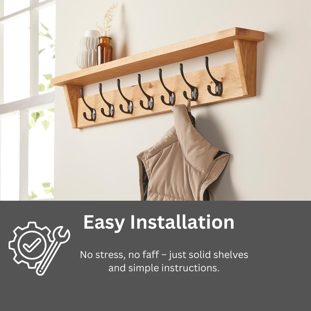 Solid Oak Coat Rack (7 Hooks) | Wall Mounted Coat Hooks with Shelf for Display/Storage | Wooden Stylish & Versatile Hallway Decor | Heavy Duty Double Hooks | Handcrafted in The UK