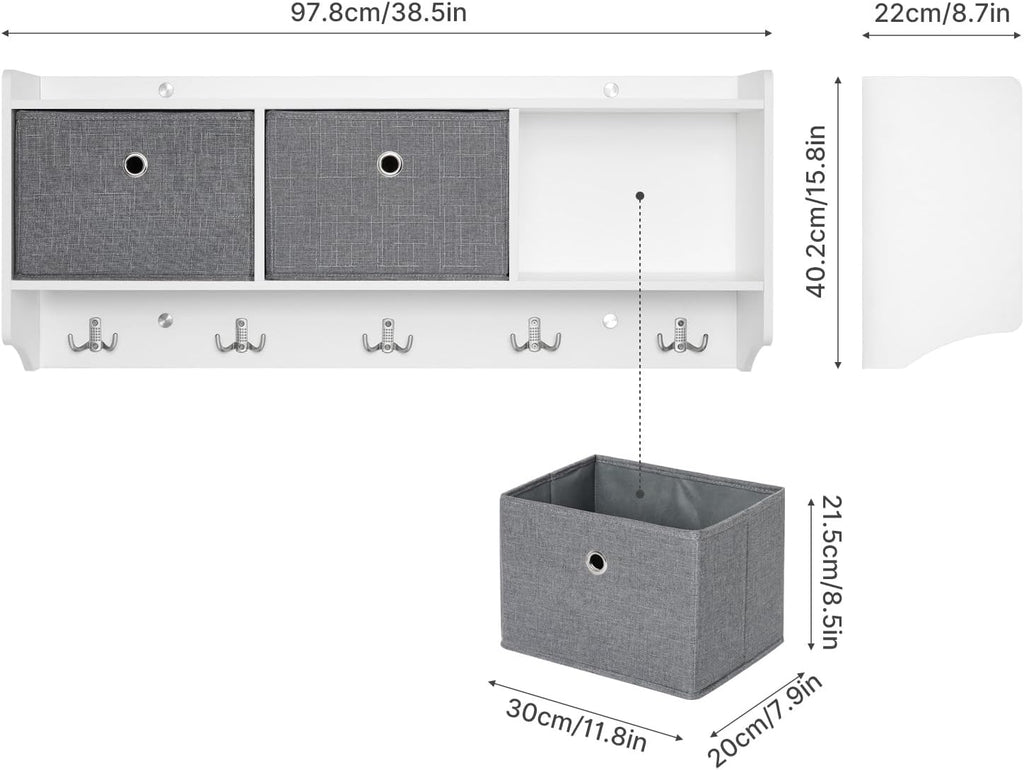 Mondeer Coat Rack with Shelf, Storage Unit Wall Mounted with 3 Baskets 5 Hooks Wooden Modern Style for Hallway Entryway Living Room, W98 x H40 x D22 cm, White