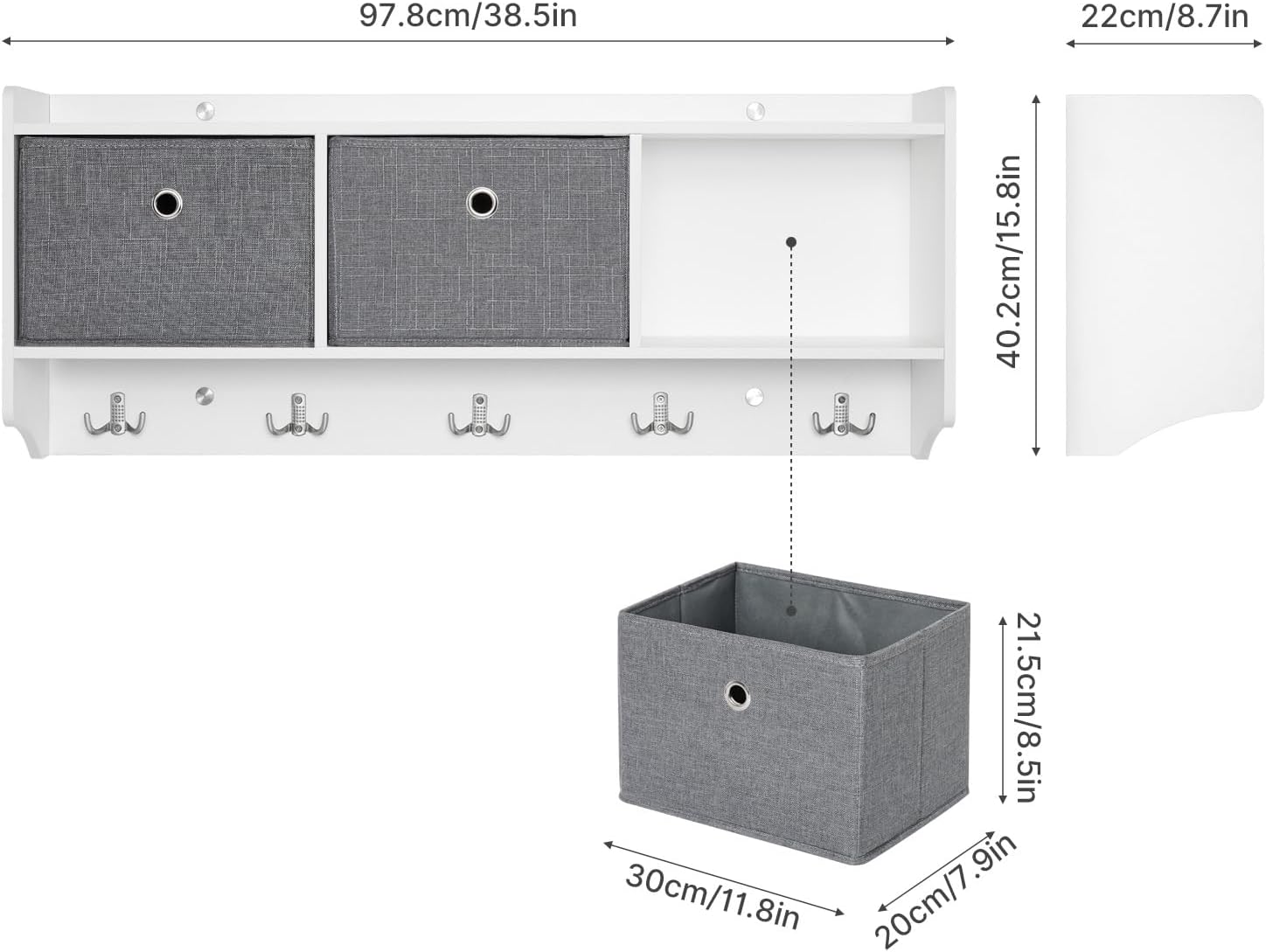 Mondeer Coat Rack with Shelf, Storage Unit Wall Mounted with 3 Baskets 5 Hooks Wooden Modern Style for Hallway Entryway Living Room, W98 x H40 x D22 cm, White