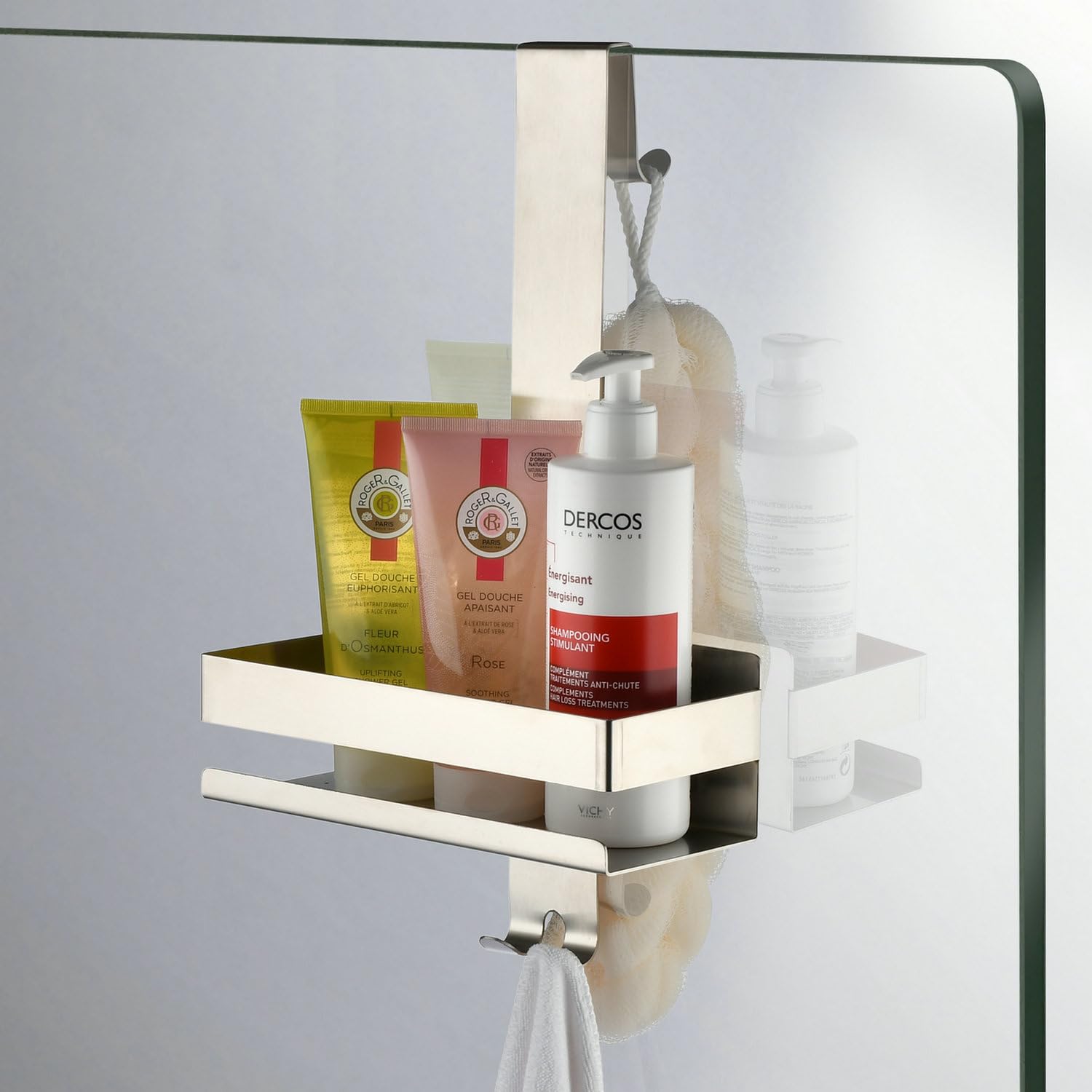Hanging Over Door Shower Caddy - No Drilling Organiser Stainless Steel Shelves With Hooks - Gold Bathroom Rack Basket Tidy Storage