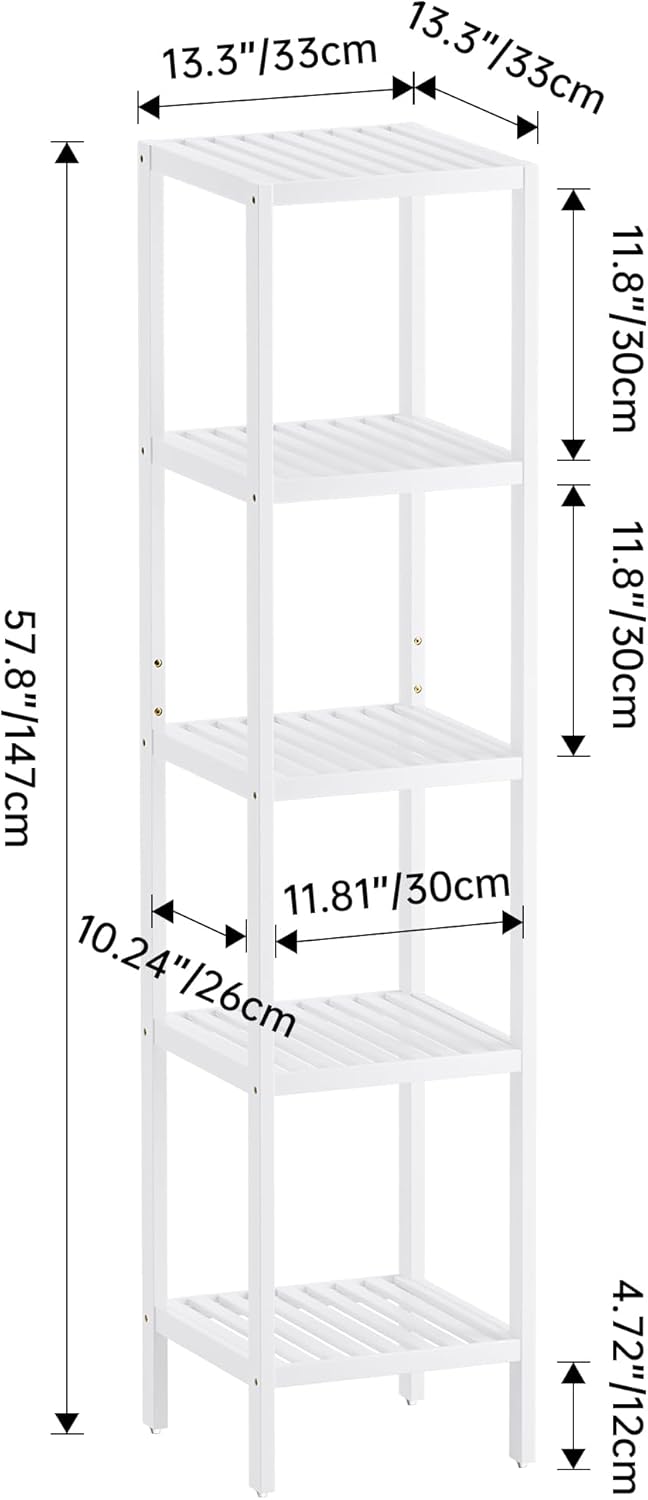 SMIBUY Bathroom Storage Shelf, 5-Tier Bamboo Rack Organizer, Multifunctional Shelving Unit for Living Room Bedroom Kitchen (White)