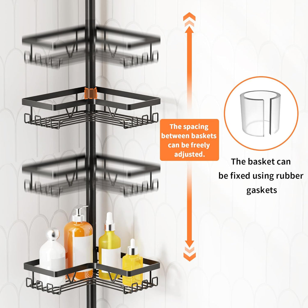 Kegii Telescopic Shower Caddy, 6 Tiers Corner Shower Shelf Adjustable Bathroom Storage Organiser Extendable Corner Bathroom Caddy, Black, No Drilling, Stainless Steel