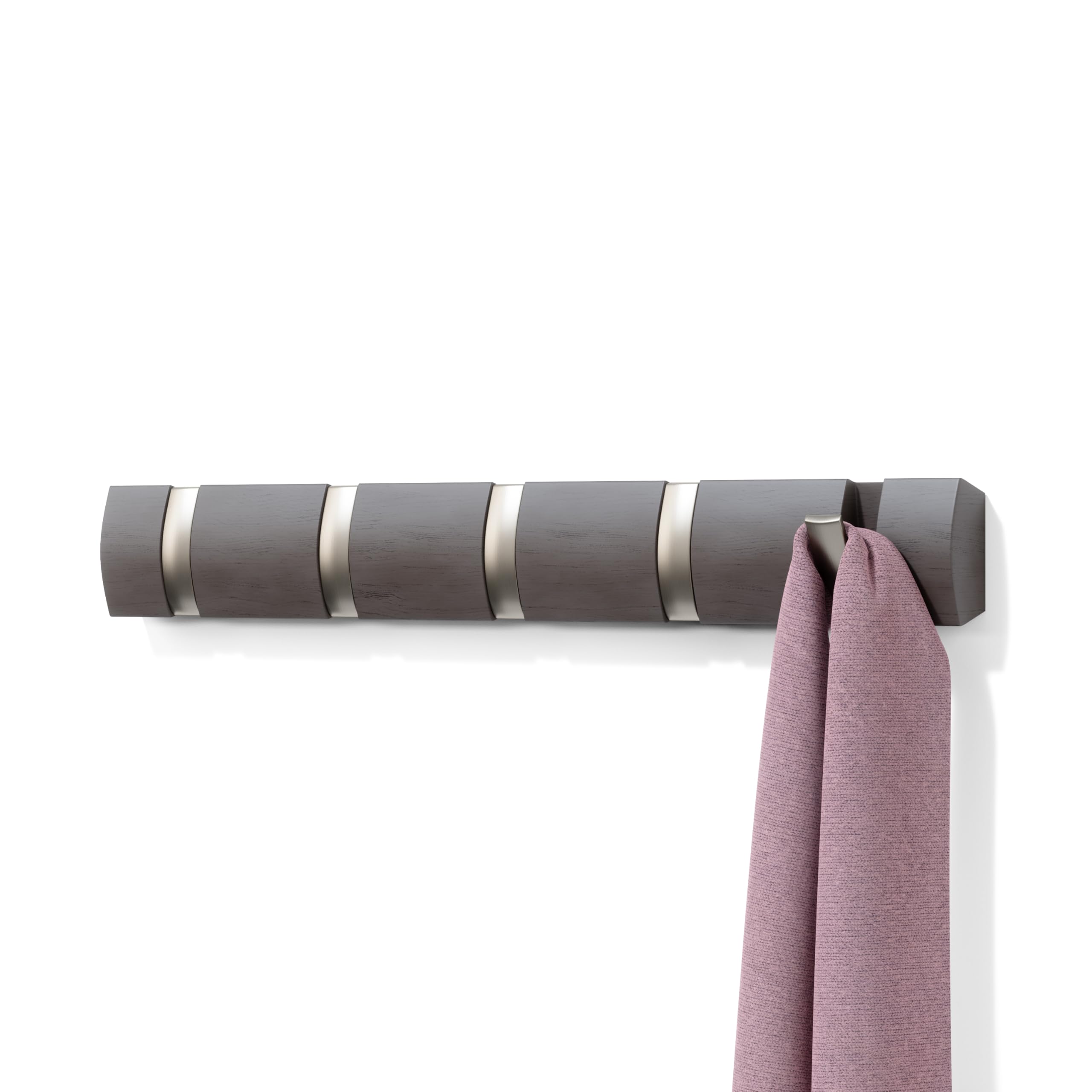Umbra Flip Wall-Mounted Coat Rack with 5 Hooks – Modern, Space-Saving Storage for Hats, Jackets, Bags, Entryway, Mudroom, Closet, Bathroom, Bedroom – Light Walnut/Gold