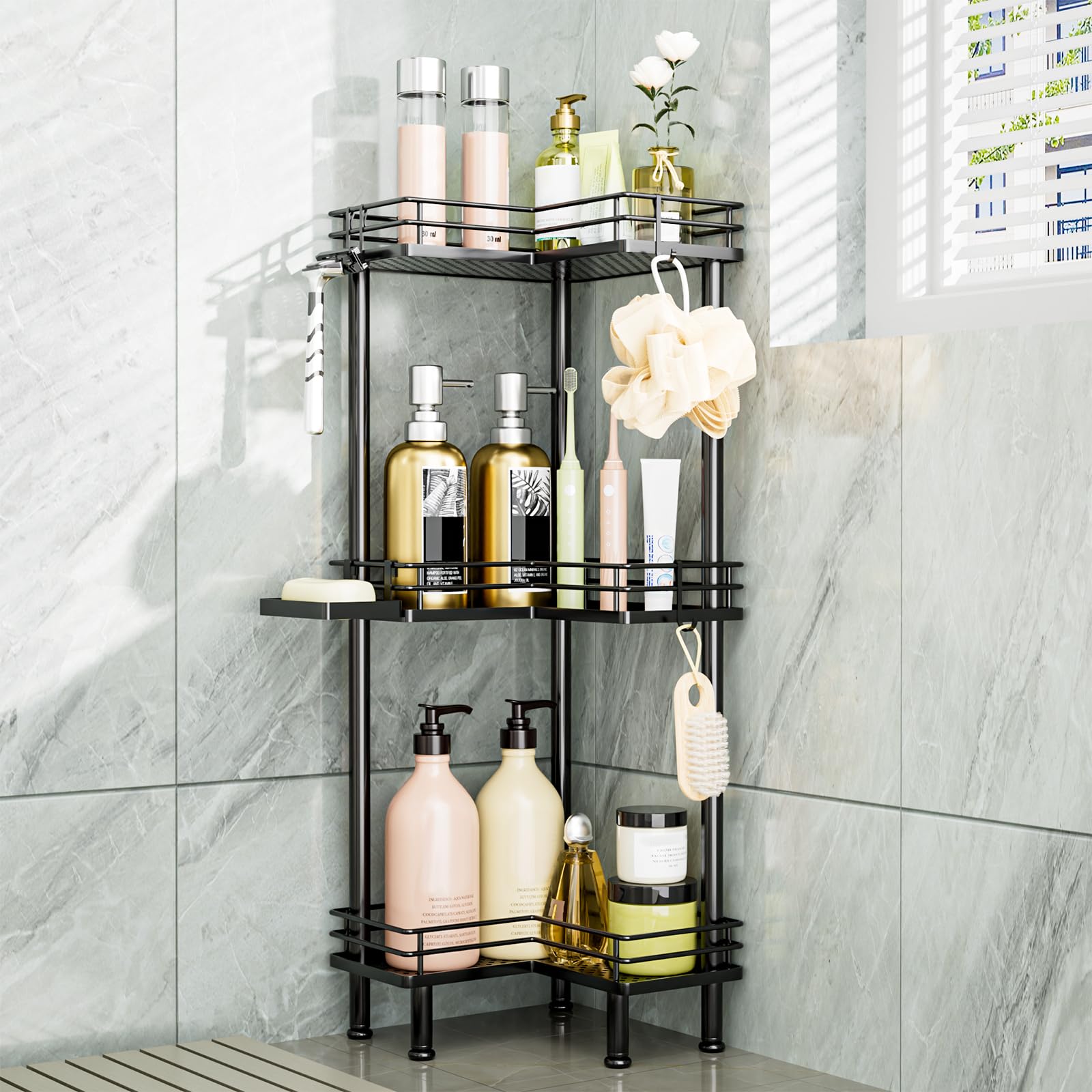 Consumest Corner Shower Caddy Standing - 3-Tier Stainless Steel Shower Organizer with Soap Holder and 4 Hooks, Large Capacity Corner Shelf Stand for Bathroom, Rest Room, Silver