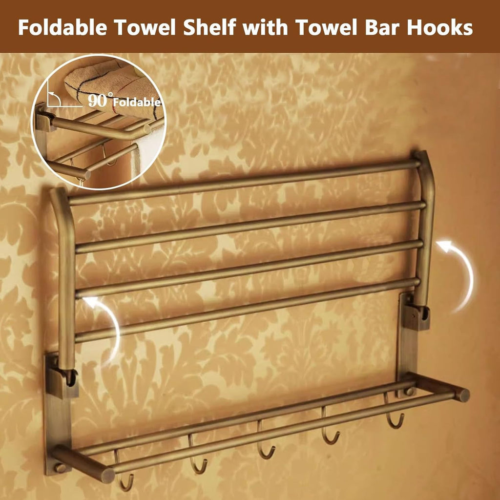 Brass Bathroom Towel Rack - Wall Mounted, Foldable Towel Shelf with Hooks and Bar, Brushed Bronze Finish
