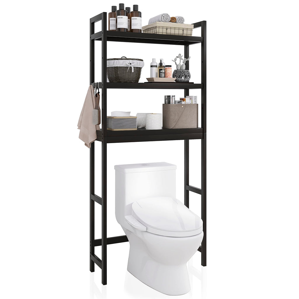 SMIBUY Bathroom Storage Shelf, Bamboo Over-The-Toilet Organizer Rack, Freestanding Toilet Space Saver with 3-Tier Adjustable Shelves (Pink)