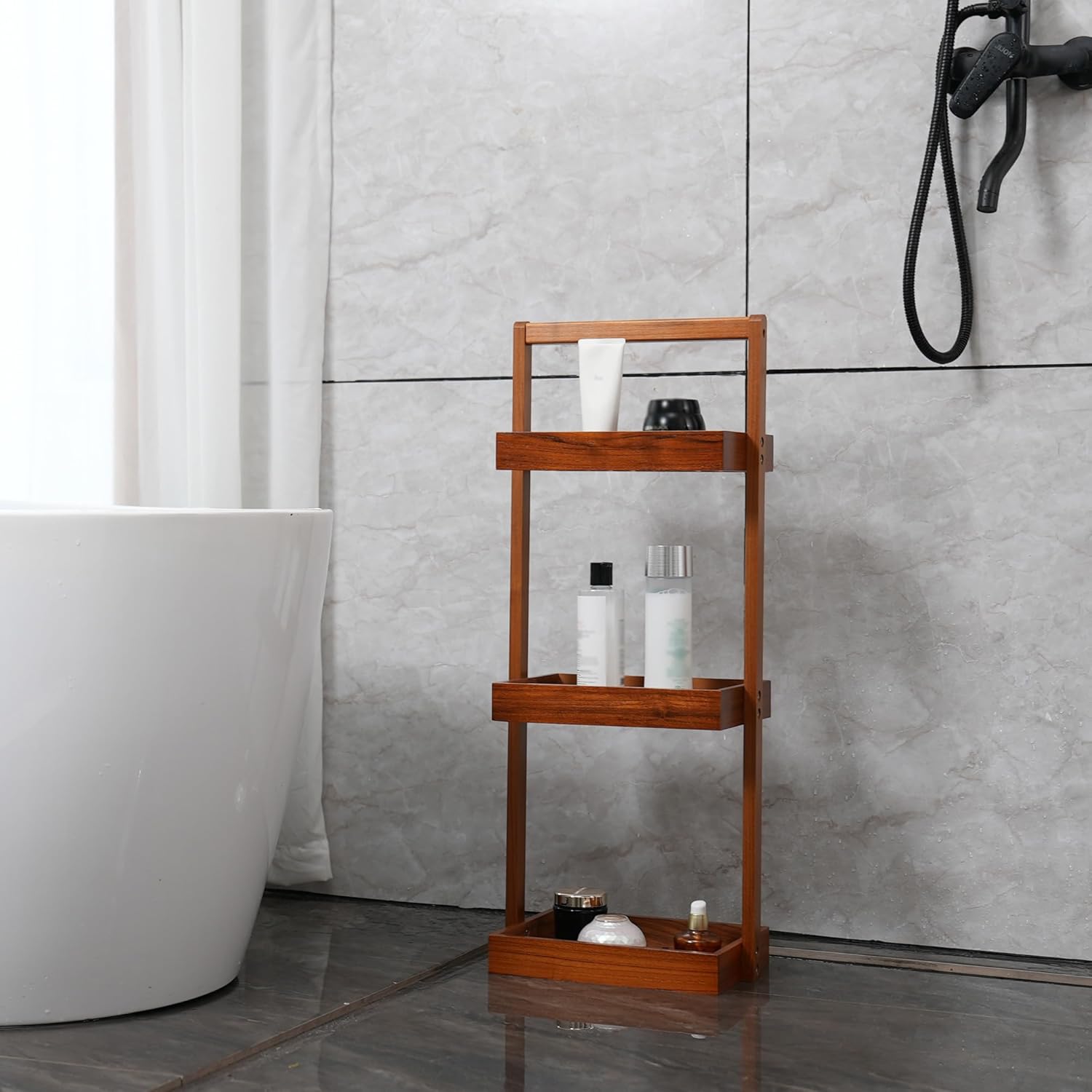 Utoplike Teak Shower Caddy Corner, 3 Tier Standing Organiser Shelf with Handle, Wooden Basket for Shampoo, towel in Bathroom, Livingroom, Office, Kitchen Desktop