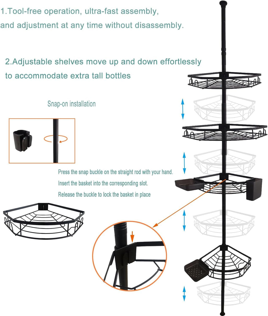 Corner Shower Caddy Tension Pole, Rustproof Bathroom Storage Organizer, 4 Large Shower Shelves and 3 Small Storage Baskets, Adjustable Height Telescoping Pole 43 to 121 Inch, Black
