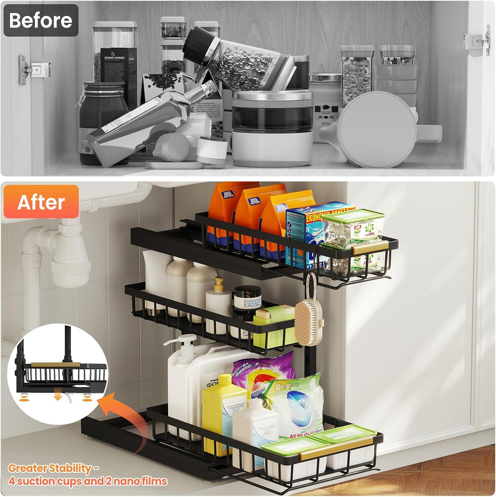 Under Sink Organizer and Storage for Bathroom and Kitchen - 2 Pack 3 Tier Under Cabinet Pull Out Shelf Organizers - Slide Out Drawer Organization for Home Cabinets Shelves and Drawers
