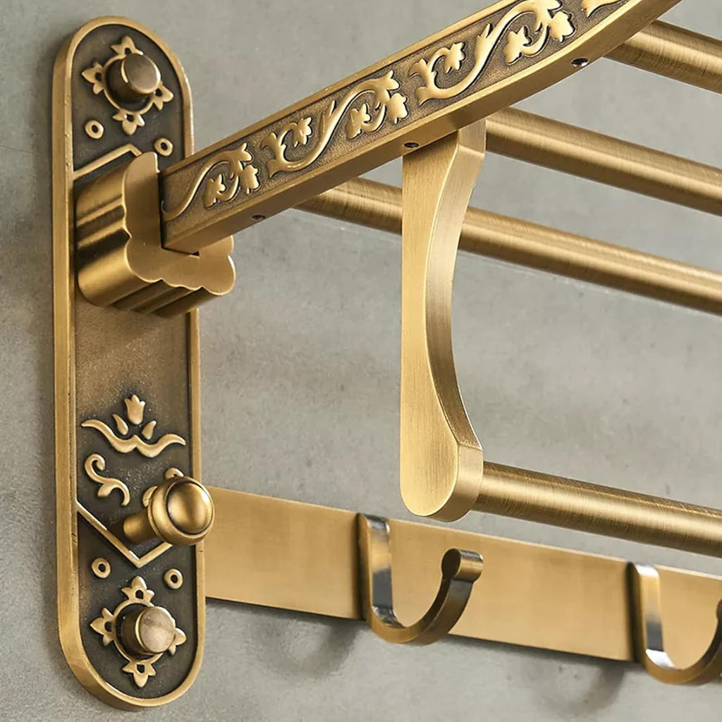 Antique Brass Foldable Double Towel Rack, Nail-Free Wall Mount Towel Shelf with Hooks