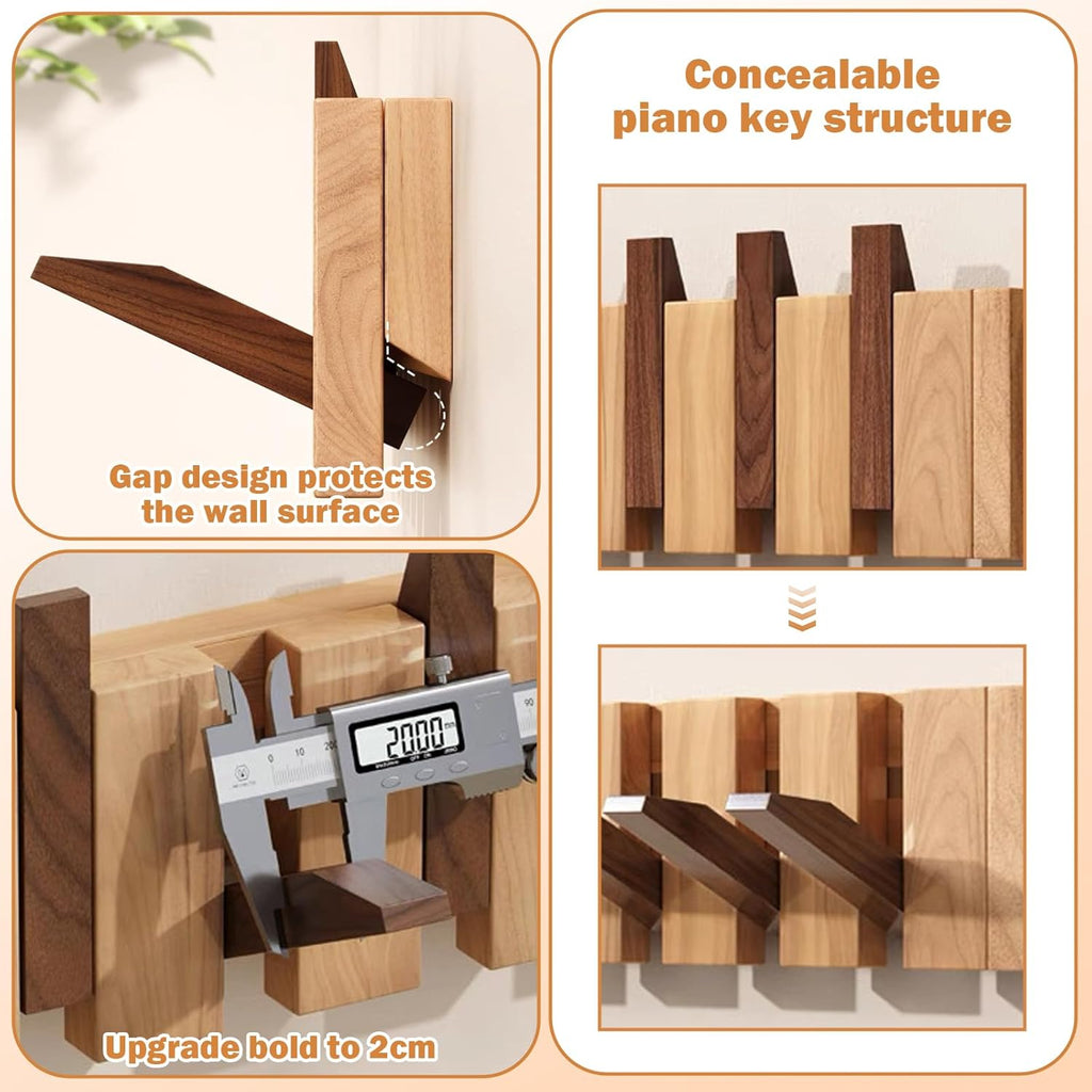 Coat Hooks Wall Mounted, 8-Hook Wooden Coat Hanger Storage Rack with Piano Key Flip Down Design for Robes Towels Hats Jacket Clothes Bags, 56 * 3.5 * 12cm