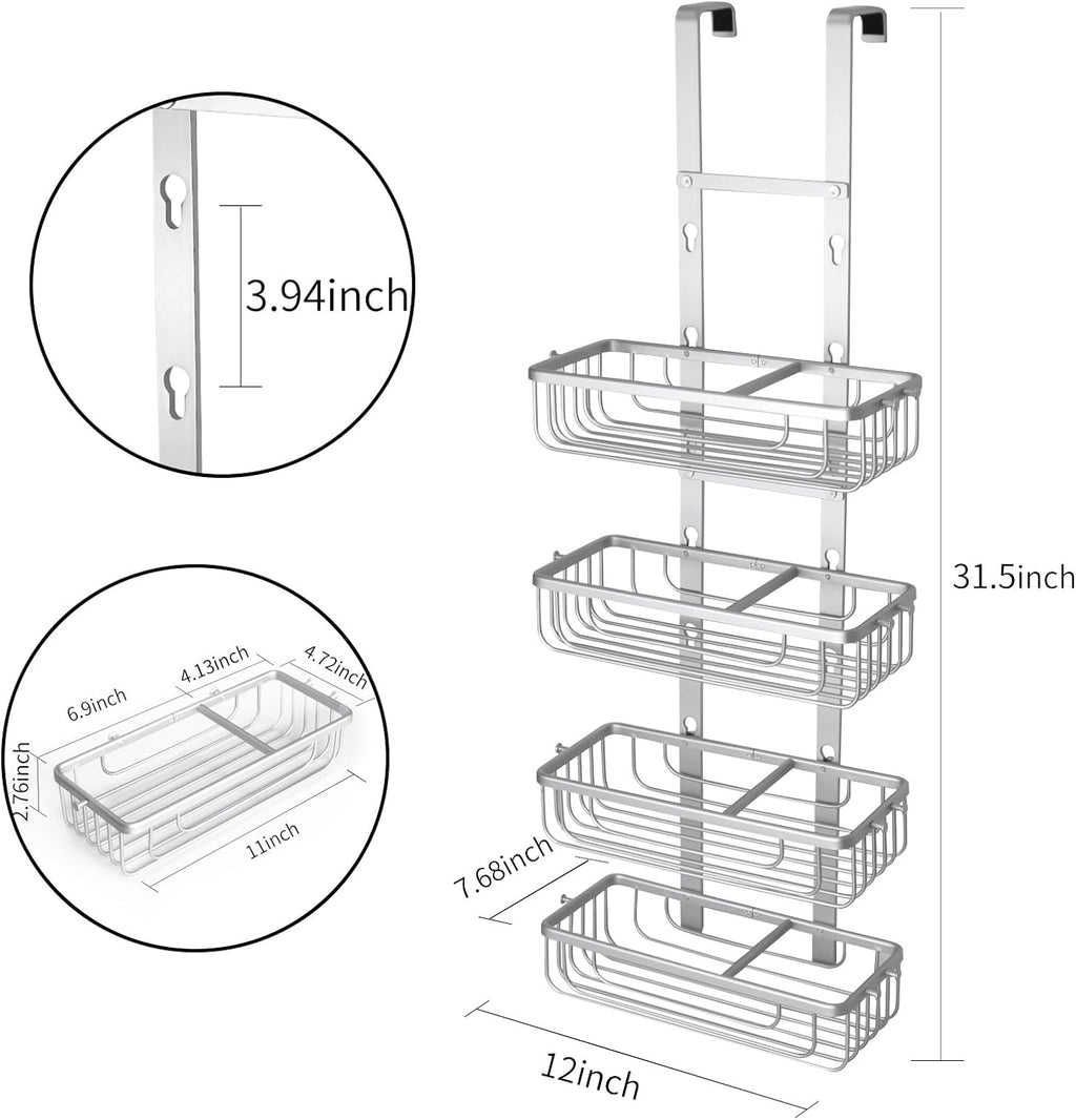 Duwee Hanging Shower Caddy 4 Tier, RustProof Aluminium Shower Caddies, Over Door Bathroom Caddy, No Drilled Storage Basket Organizer for Shampoo, Conditioner, Body Wash, Silver