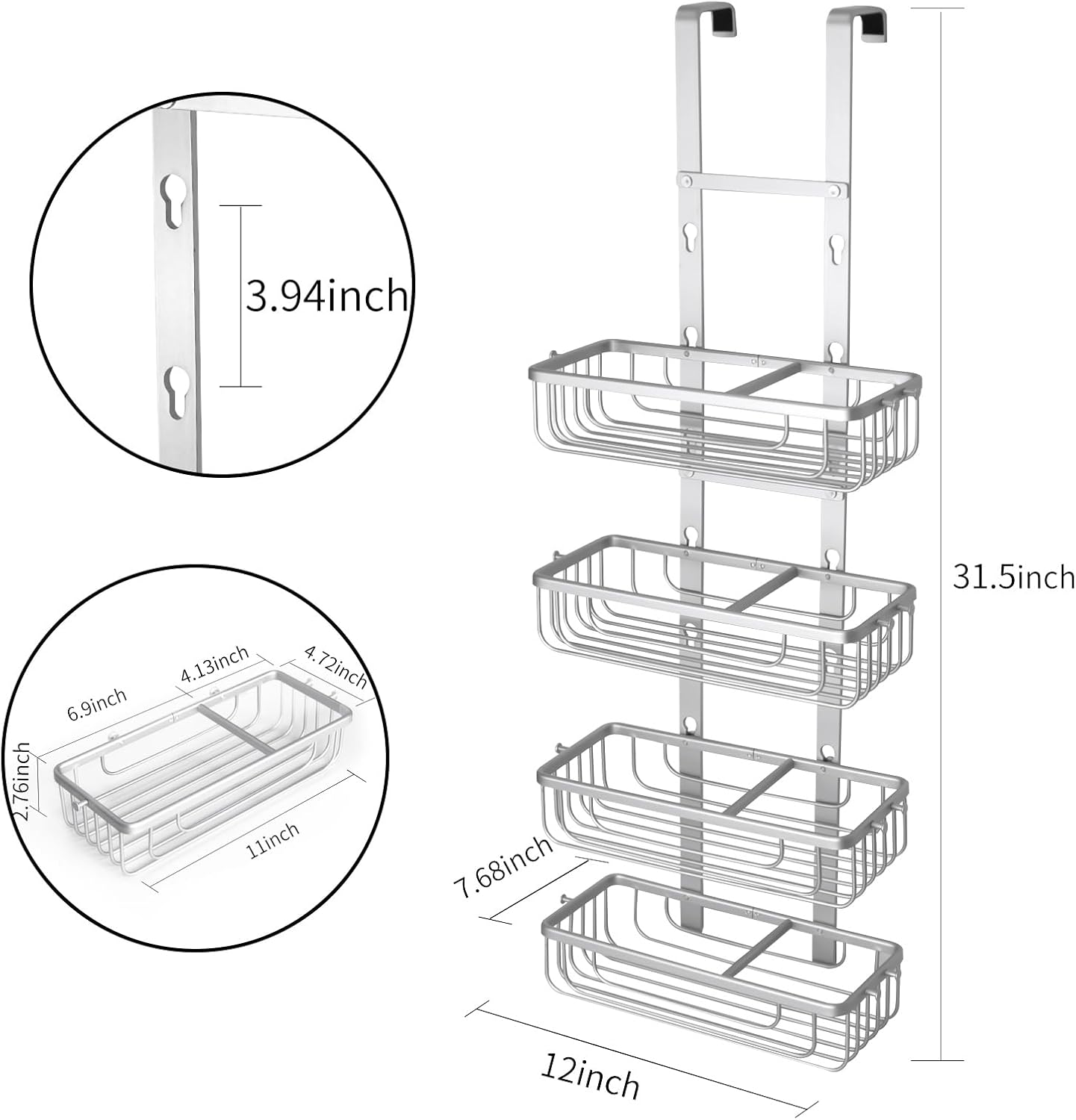 Duwee Hanging Shower Caddy 4 Tier, RustProof Aluminium Shower Caddies, Over Door Bathroom Caddy, No Drilled Storage Basket Organizer for Shampoo, Conditioner, Body Wash, Silver