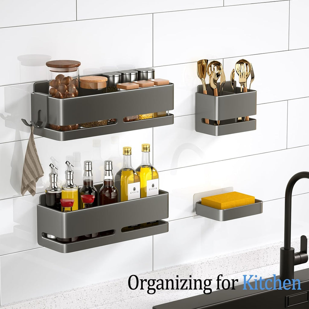 5-Piece Grey No-Drill Wall Mount Bathroom Storage Rack with Soap Dish & Toothbrush Holder, Multi-use for Kitchen