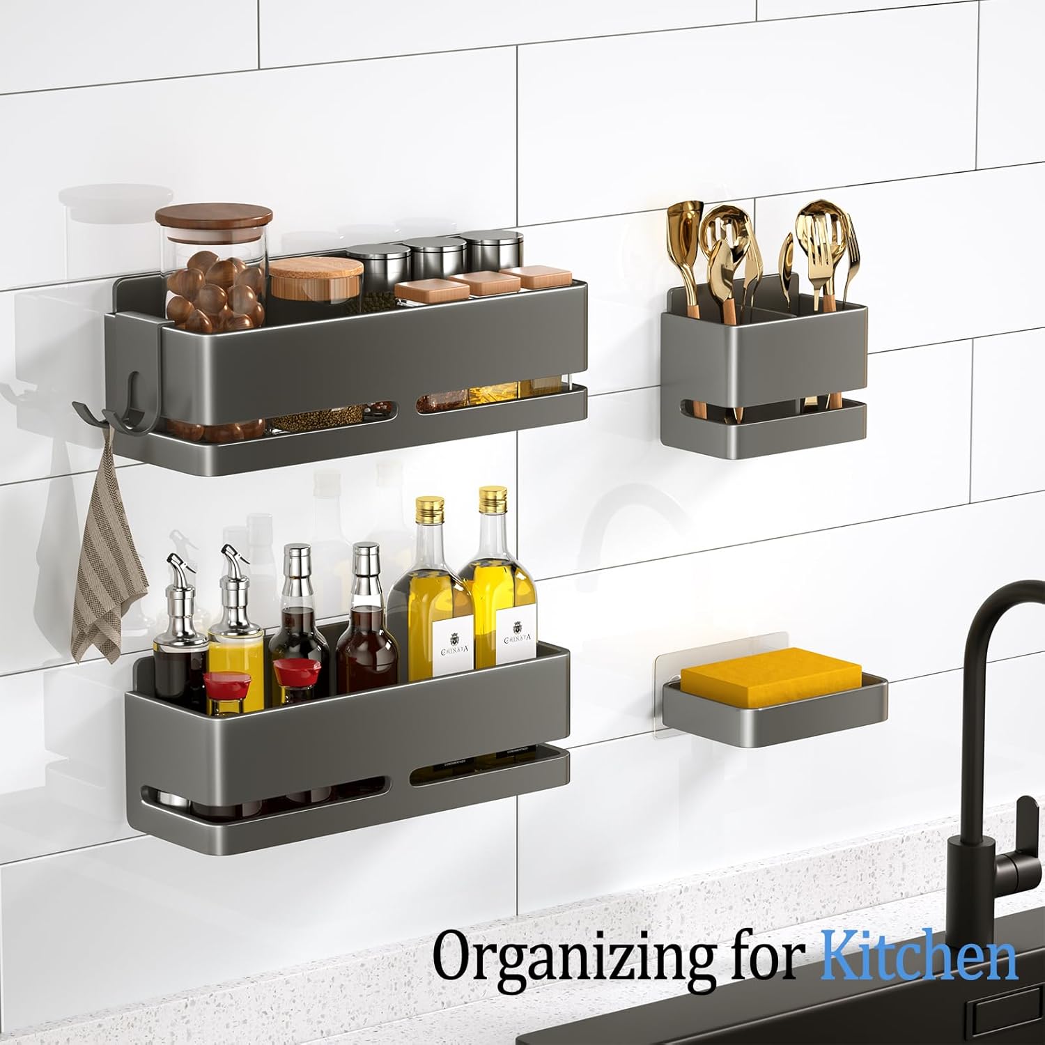 5-Piece Grey No-Drill Wall Mount Bathroom Storage Rack with Soap Dish & Toothbrush Holder, Multi-use for Kitchen