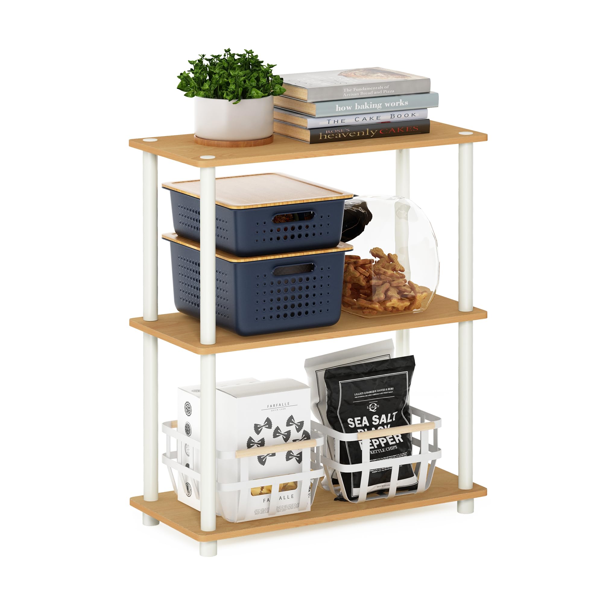 Furinno TURN-N-TUBE Storage Shelves, 3-Tier Book Shelf, Corner Shelf, Toolless Open Shelves, for Organization and Storage, Living Room, Garage, Home Office, Beech