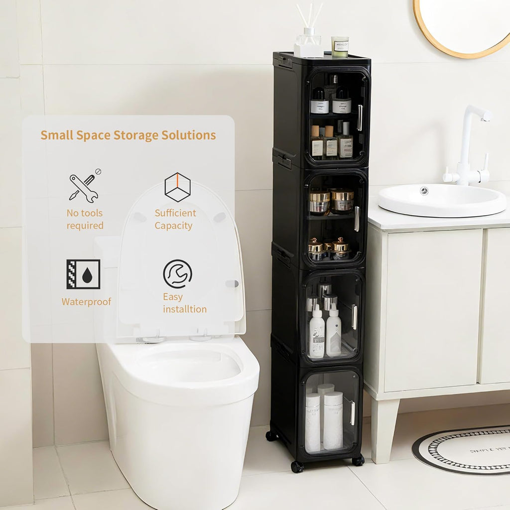 4-Tier Slim Rolling Storage Cabinet, Black Tall Narrow Organizer with Adjustable Shelves for Bathroom Kitchen Laundry