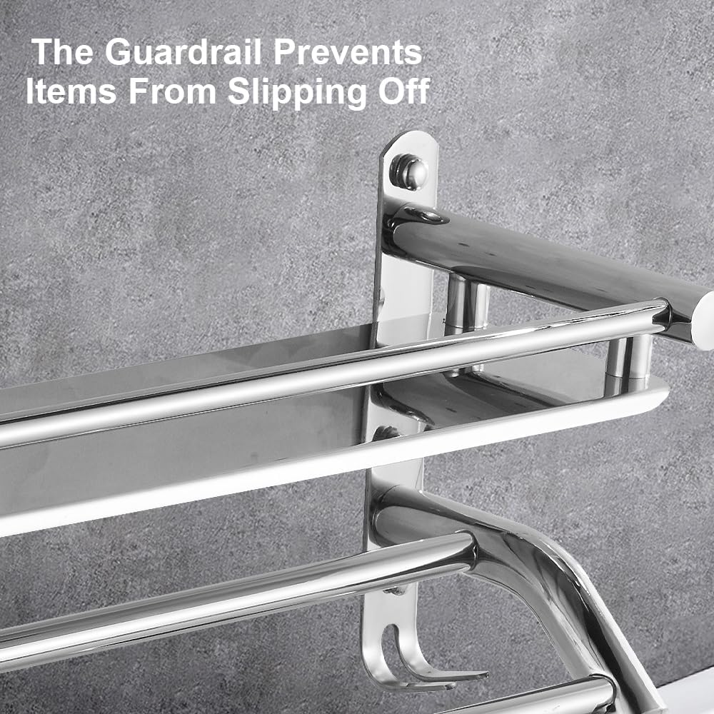 Towel Shelf Multi-Function Towel Rack with Storage Shelf SUS304 Stainless Steel Towel Holder Wall Mounted Bath Towel Rail Bar for Bathroom Kitchen