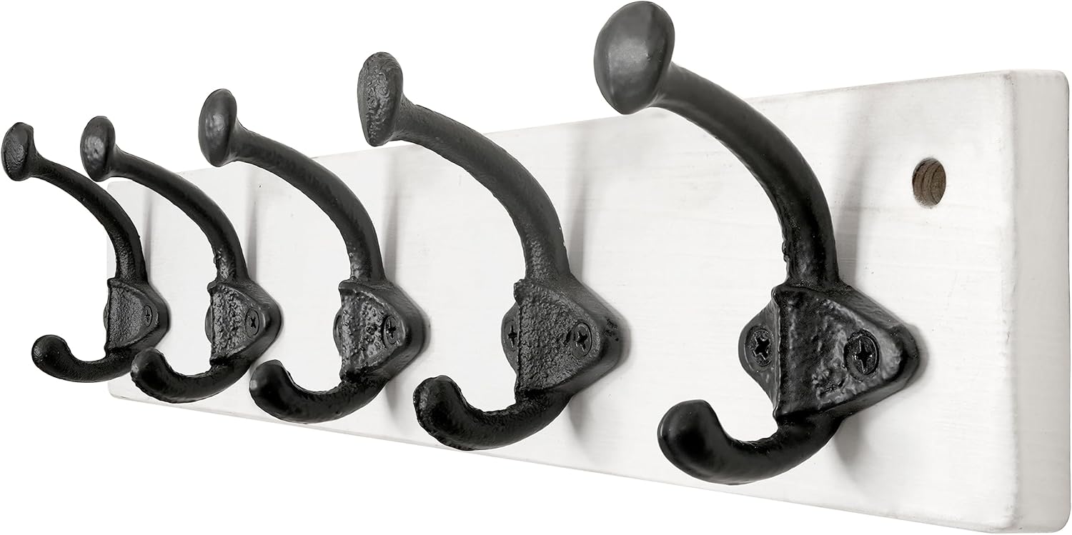 WEBI Rustic Coat Hooks Wall Mounted,5 Cast Iron Hooks,Coat Rack Wall Mounted Coat Hanger for Hanging Jacket,Clothes,White