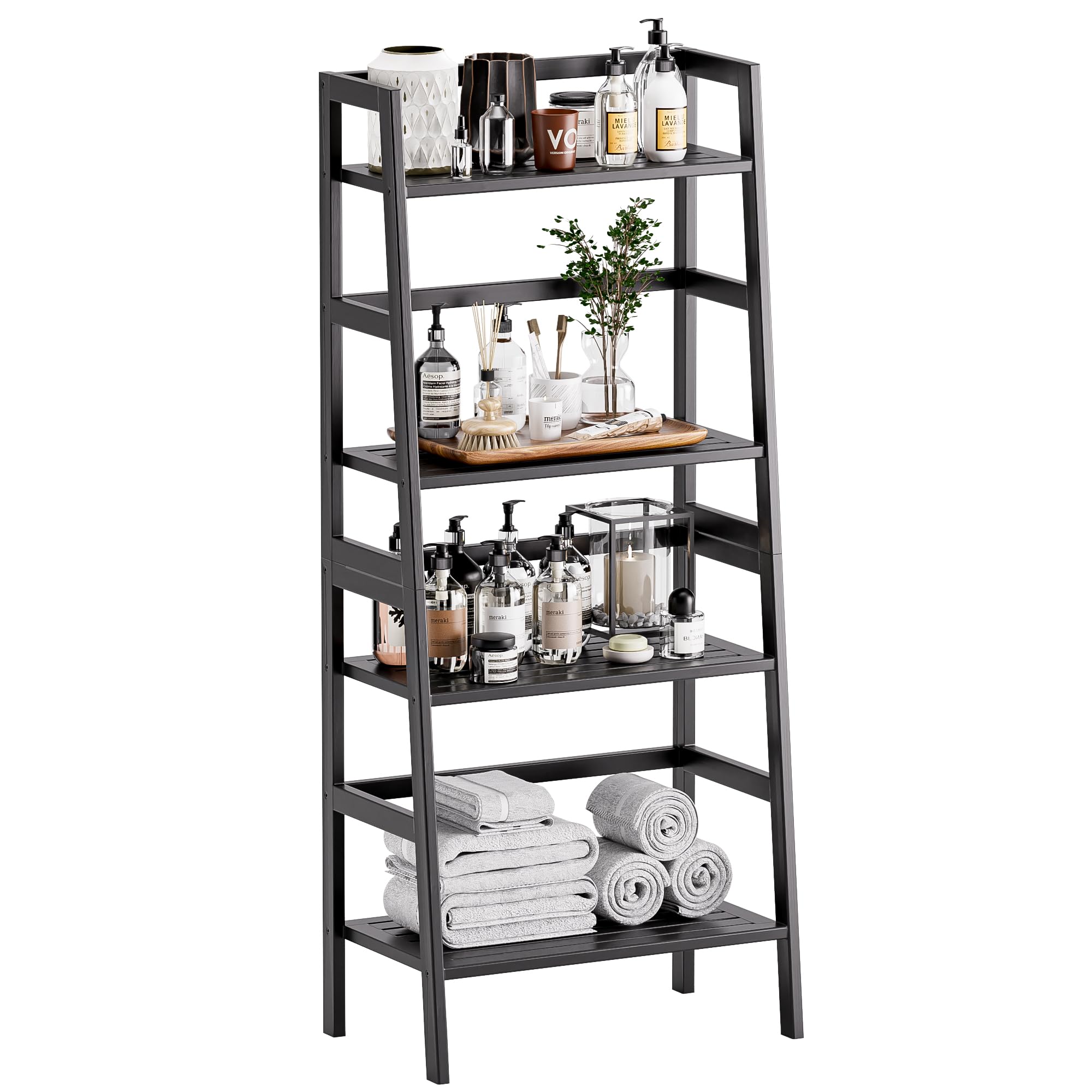 HITNET Ladder Shelf Walnut, Bamboo Bookshelf, 4 Tier Open Dipslay Bookcase Freestanding Storage Rack for Home Office, Small Balcony Flower Plant Stand