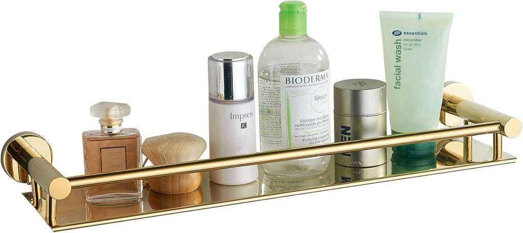 bgl Polished Gold Bathroom Shelf Wall Mounted – Shiny Rustproof Shower Storage Rack with Guard Rail, Luxury Bathroom Organiser for Shampoo, Toiletries & Bottles