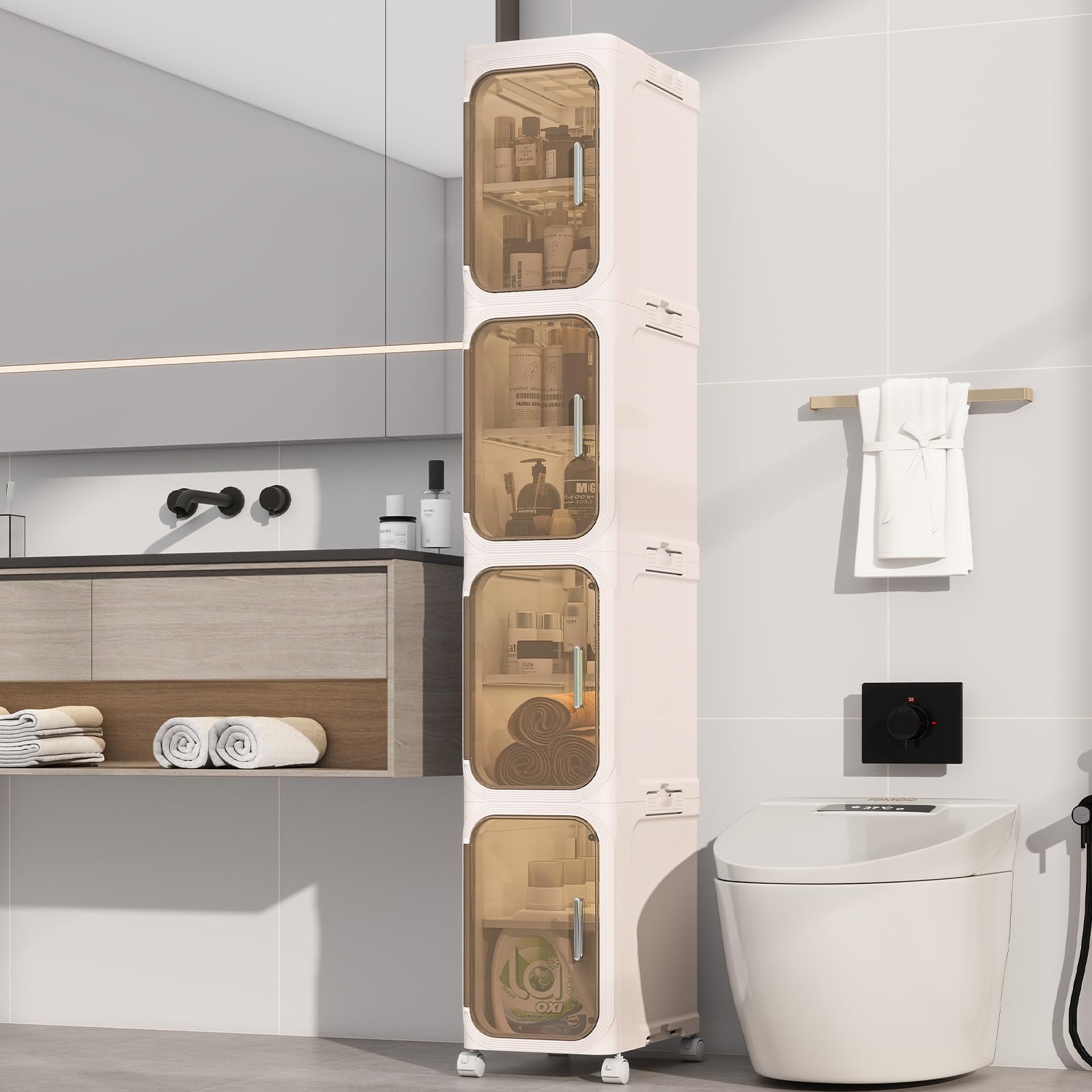 4-Tiers Slim Bathroom Storage Cabinet, Foldable Storage Cabinets,Narrow Bathroom Storage,Movable Bathroom Storage Organizer for Small Spaces,Bathroom,Kitchen,Laundry,White