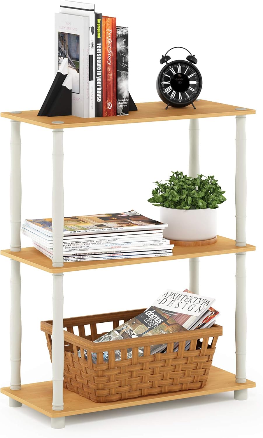 Furinno TURN-N-TUBE Storage Shelves, 3-Tier Book Shelf, Corner Shelf, Toolless Open Shelves, for Organization and Storage, Living Room, Garage, Home Office, Beech