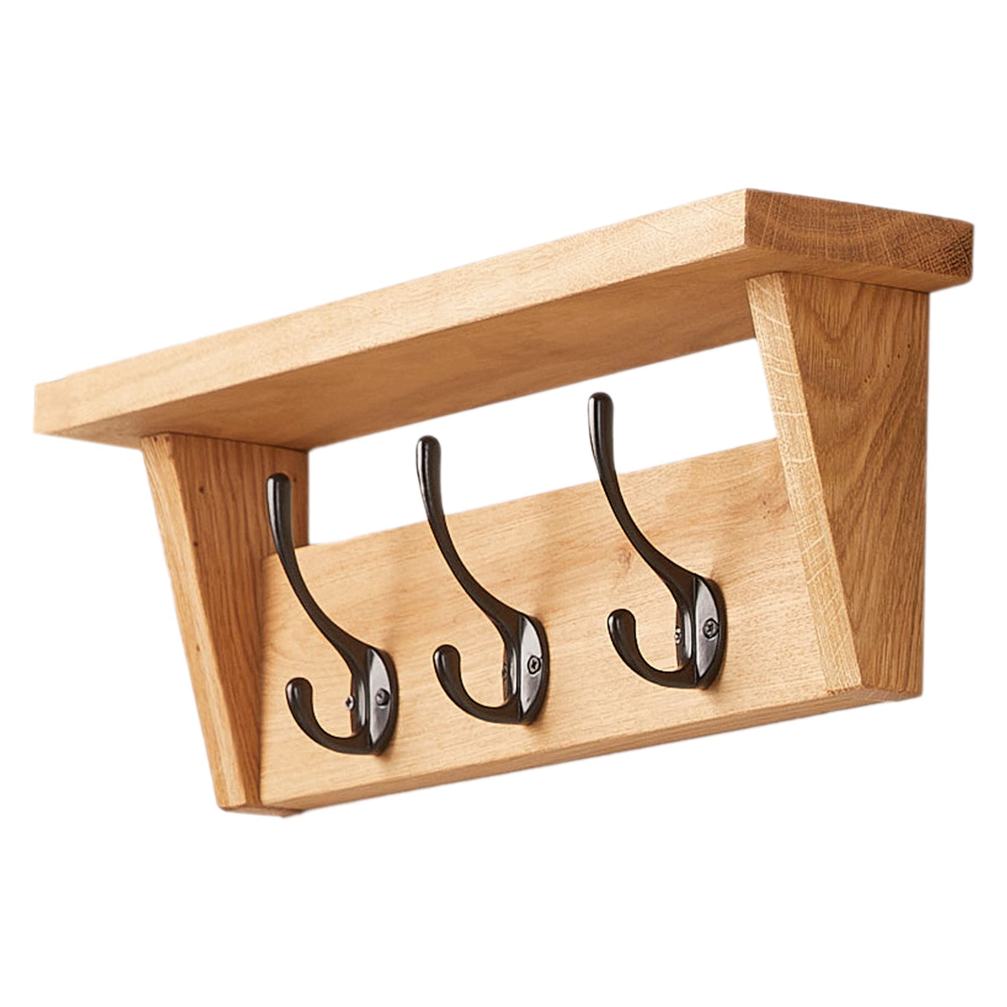 Solid Oak Coat Rack (7 Hooks) | Wall Mounted Coat Hooks with Shelf for Display/Storage | Wooden Stylish & Versatile Hallway Decor | Heavy Duty Double Hooks | Handcrafted in The UK