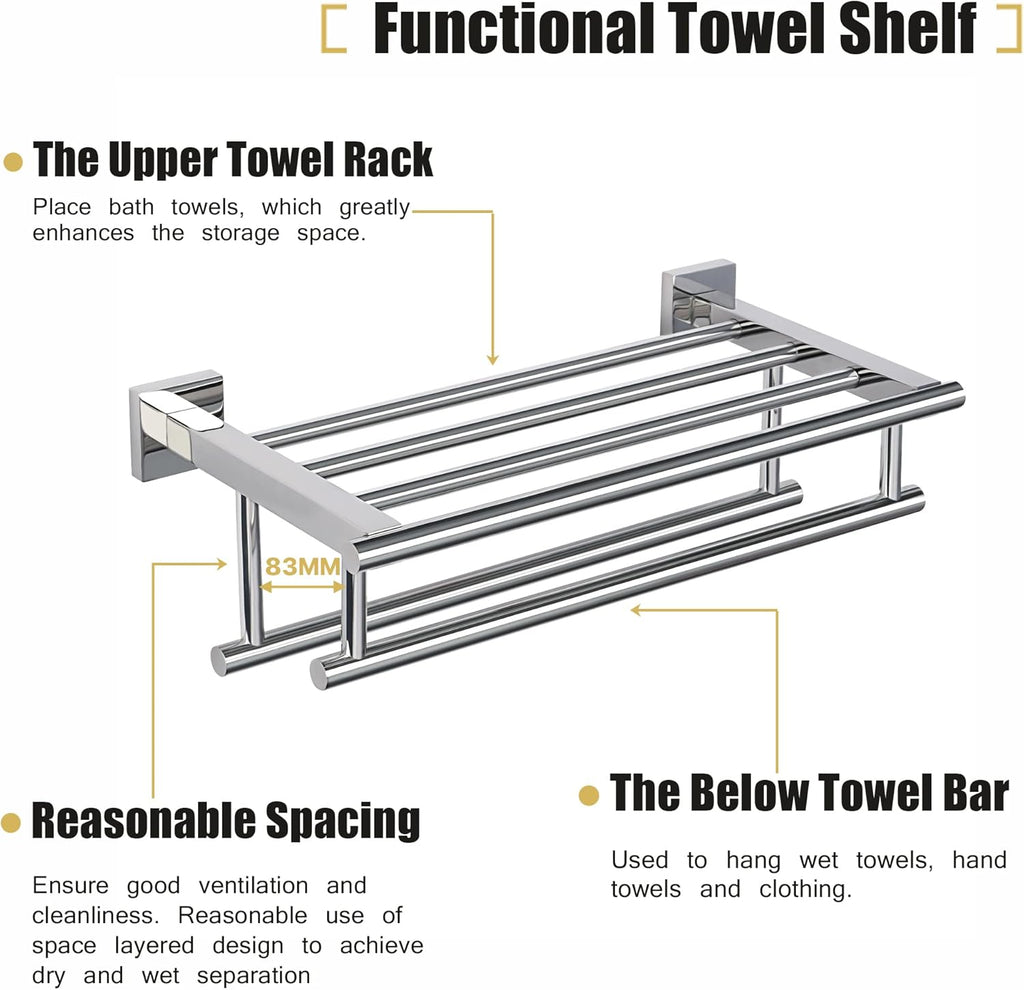 Sayayo Towel Rail Wall Mounted Chrome Bathroom Towel Shelf 16-Inch Towel Holder, SUS304 Stainless Steel Towel Rack, EGZ8040-C