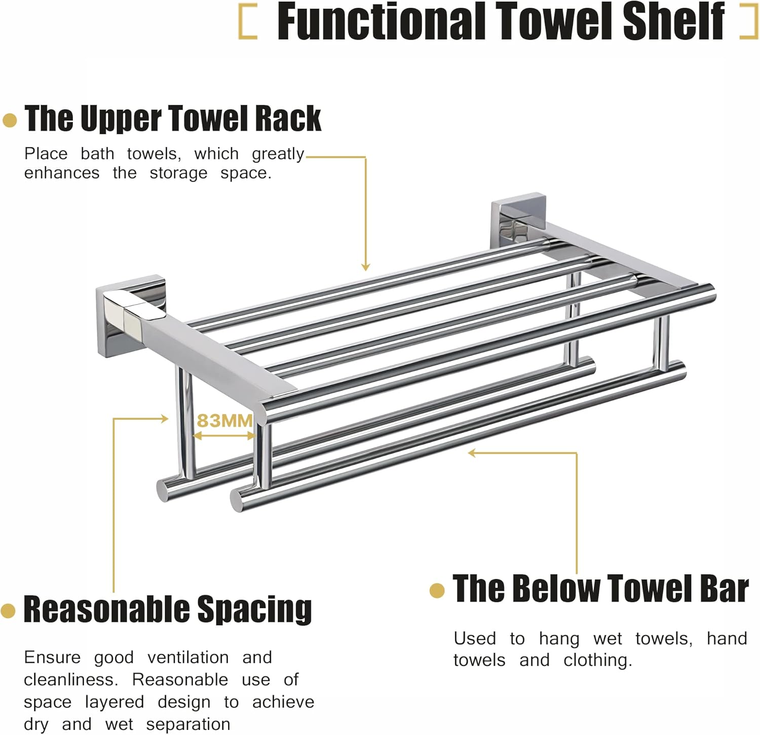 Sayayo Towel Rail Wall Mounted Chrome Bathroom Towel Shelf 16-Inch Towel Holder, SUS304 Stainless Steel Towel Rack, EGZ8040-C