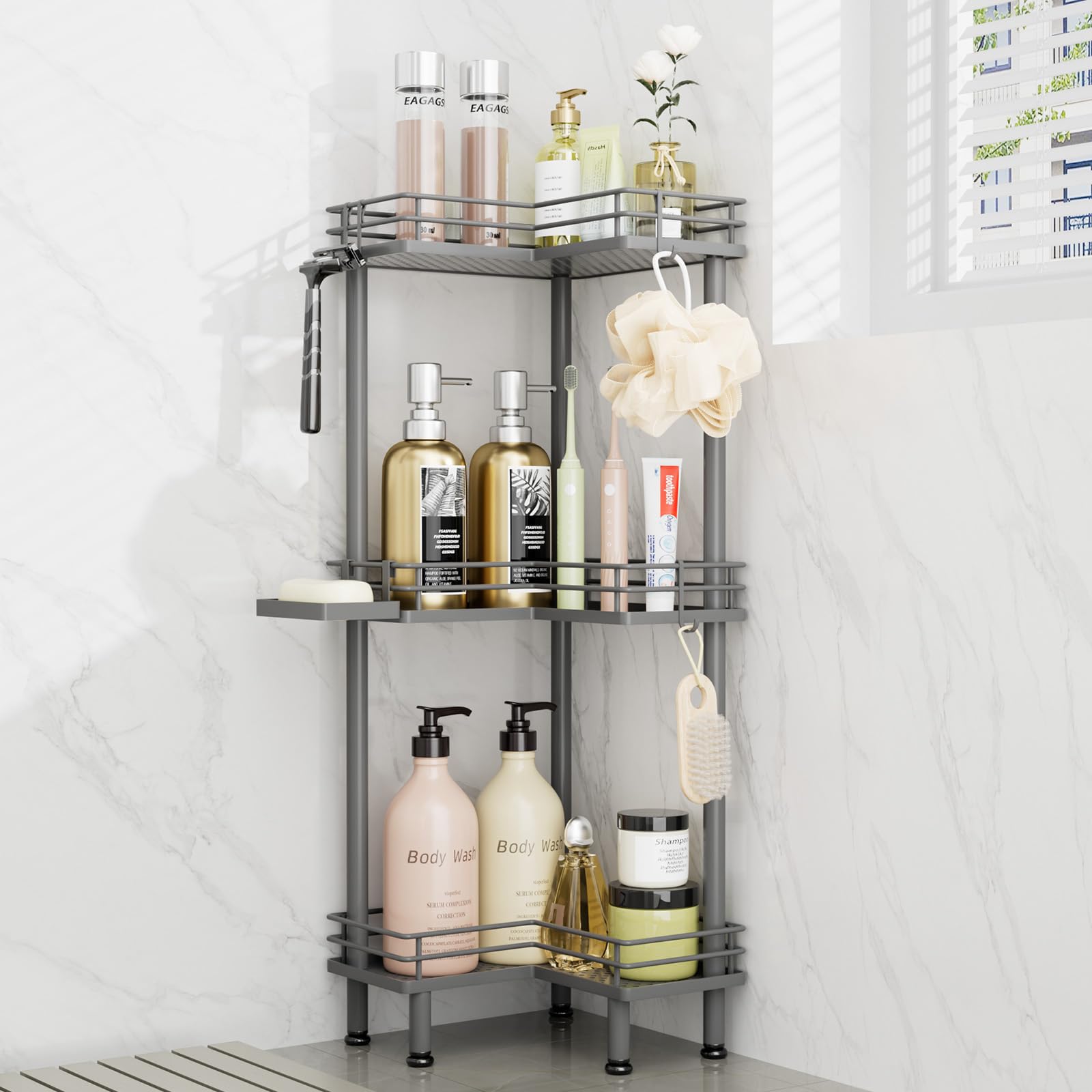 Consumest Corner Shower Caddy Standing - 3-Tier Stainless Steel Shower Organizer with Soap Holder and 4 Hooks, Large Capacity Corner Shelf Stand for Bathroom, Rest Room, Silver