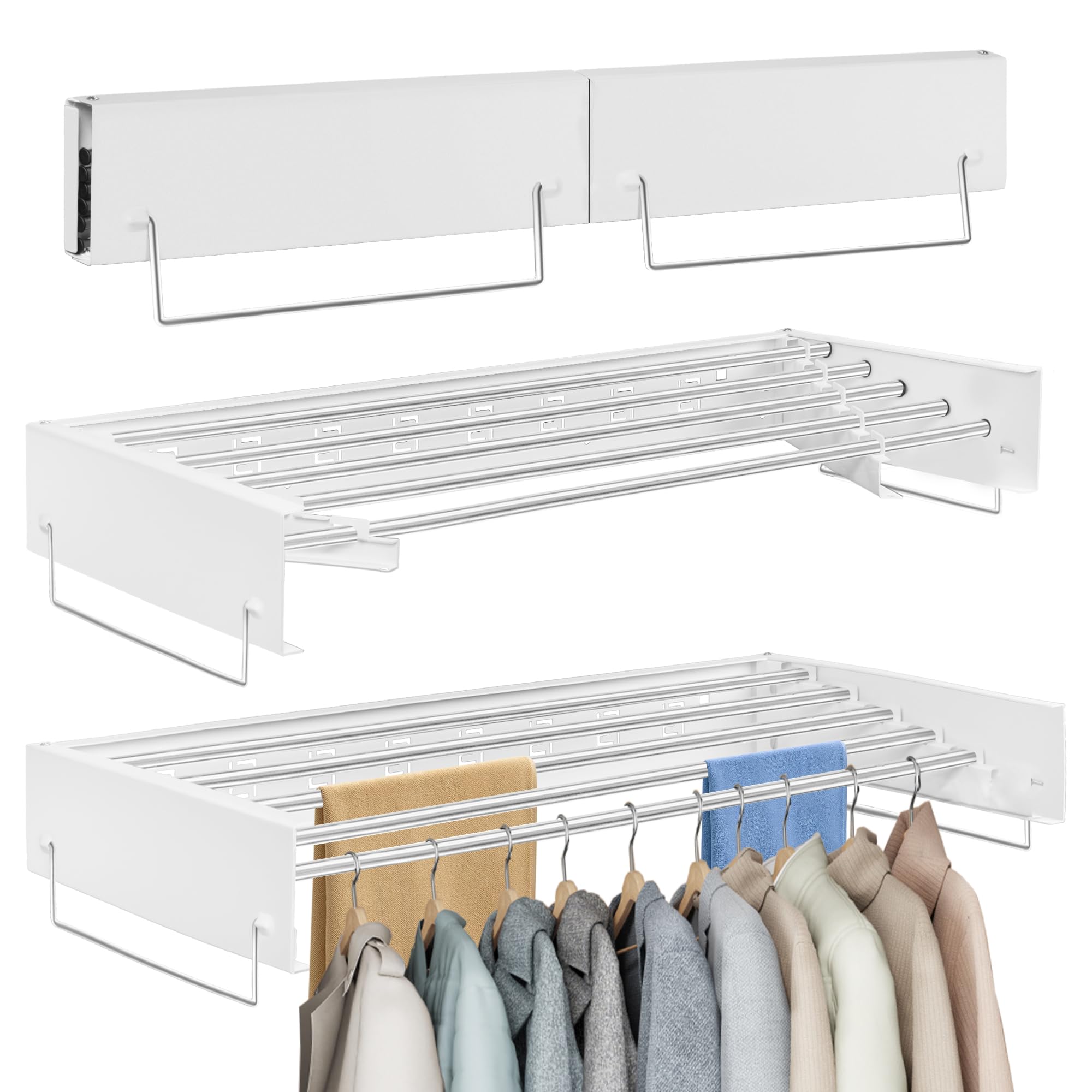 Wall Mounted Clothes Drying Rack | Retractable Laundry Clothes Airer | Foldable Laundry Drying Rack with 100cm Rods *6 Hanging Lines | Collapsible Clothes Dryer for Indoor Outdoor Bathroom (White)